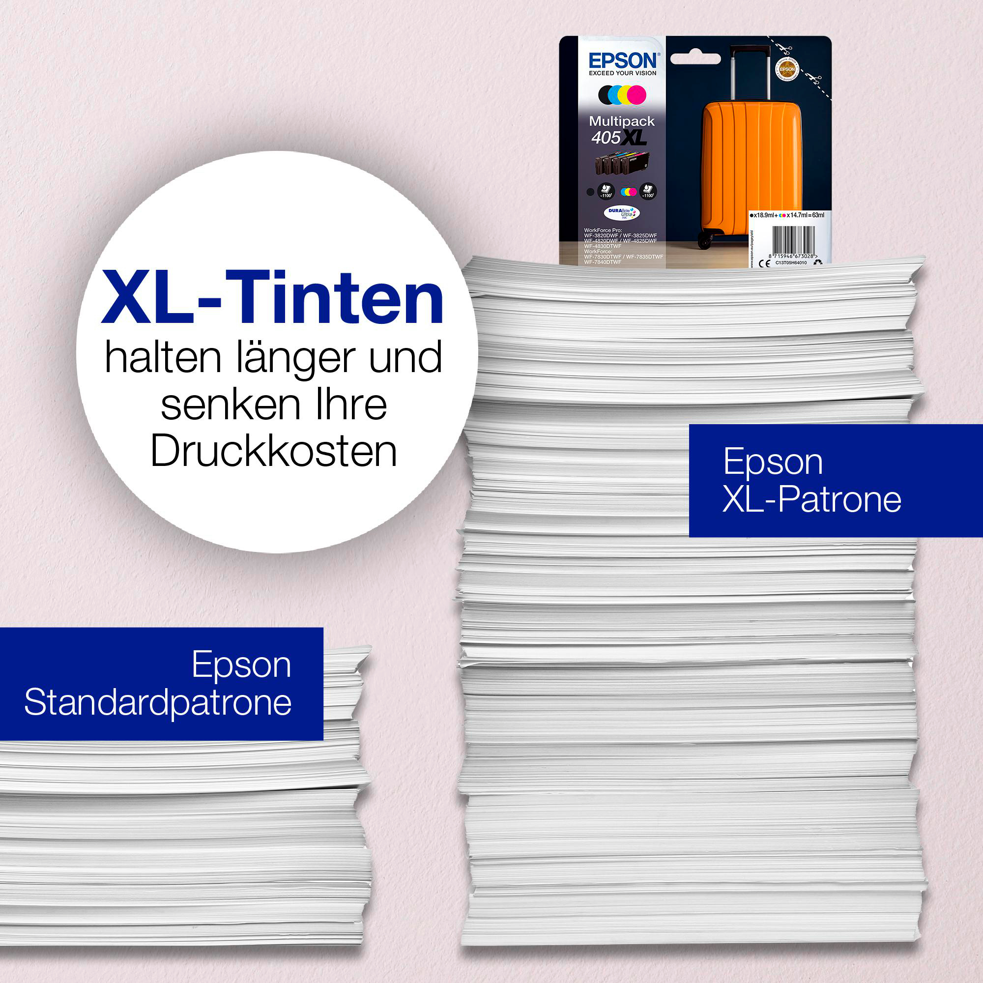 Epson XL-Tinten Patronen. Papierstapel. Blauer und weißer Text auf rosa Hintergrund.