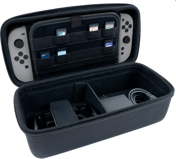 Schwarze Tragetasche für eine Switch-Konsole, offen mit Zubehör im Inneren.