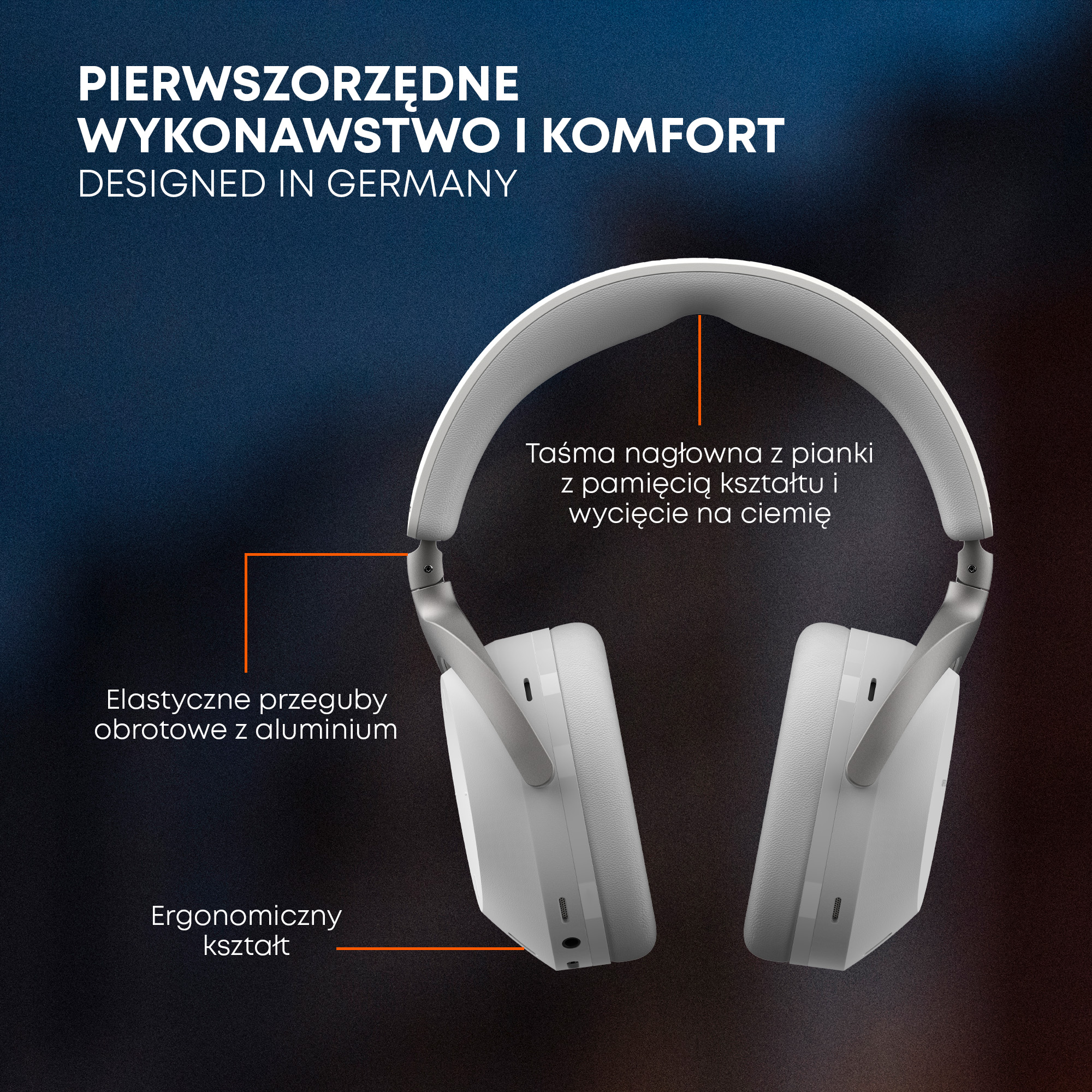 Białe słuchawki z tekstem opisującym funkcje, takie jak obracanie i ergonomiczna konstrukcja.