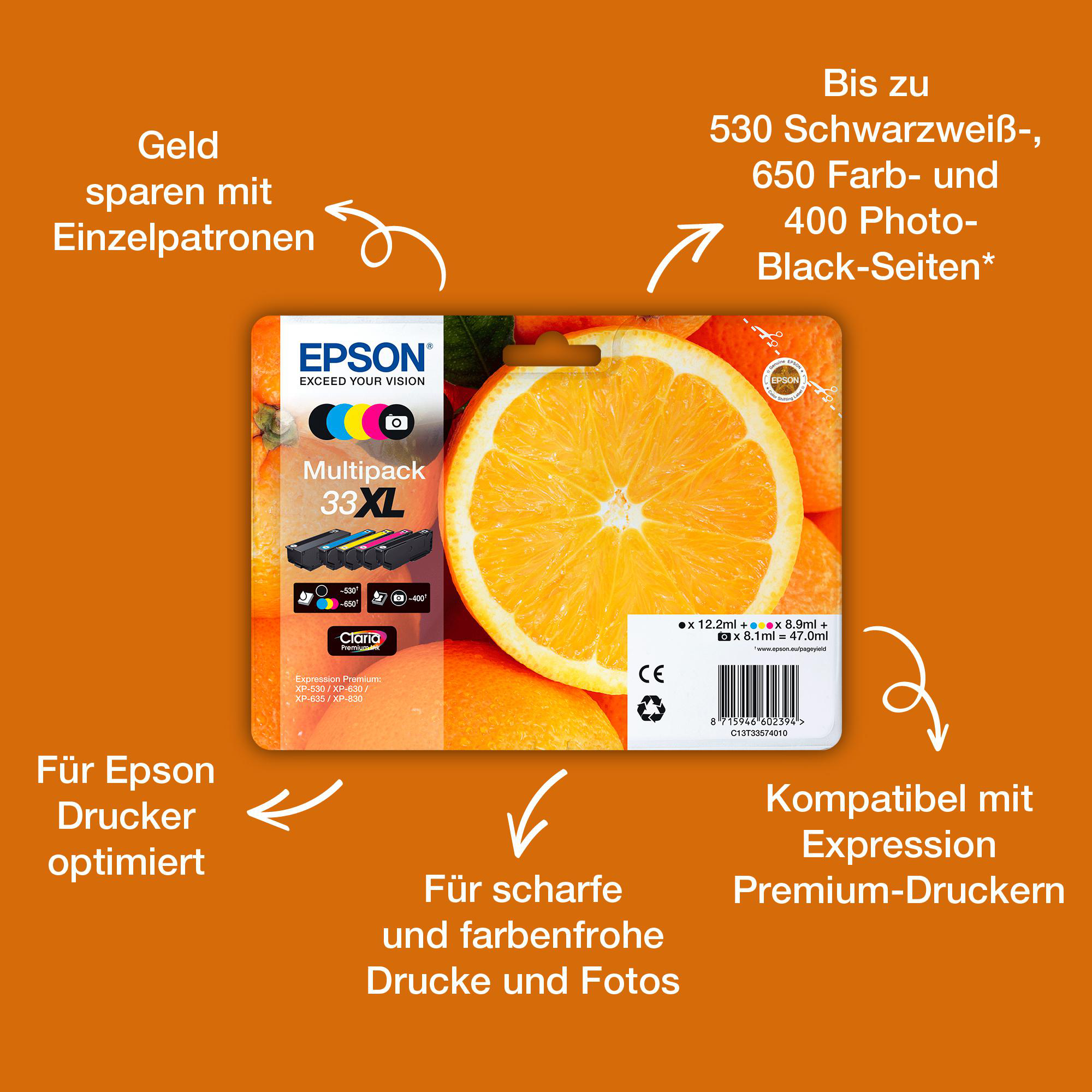 Epson Tintenpatronenverpackung mit Orange und Text. Zeigt Text zu XL und Multipack-Funktionen.