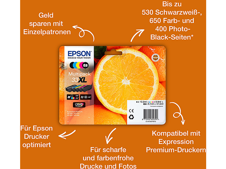 Epson 33 Tintenpatronen 5er-Pack 5x Farben Claria Premium Ink Für Kompatibilität, siehe Artikel-Beschreibung | 5x Tintenpatronen: Schwarz, Photo Black