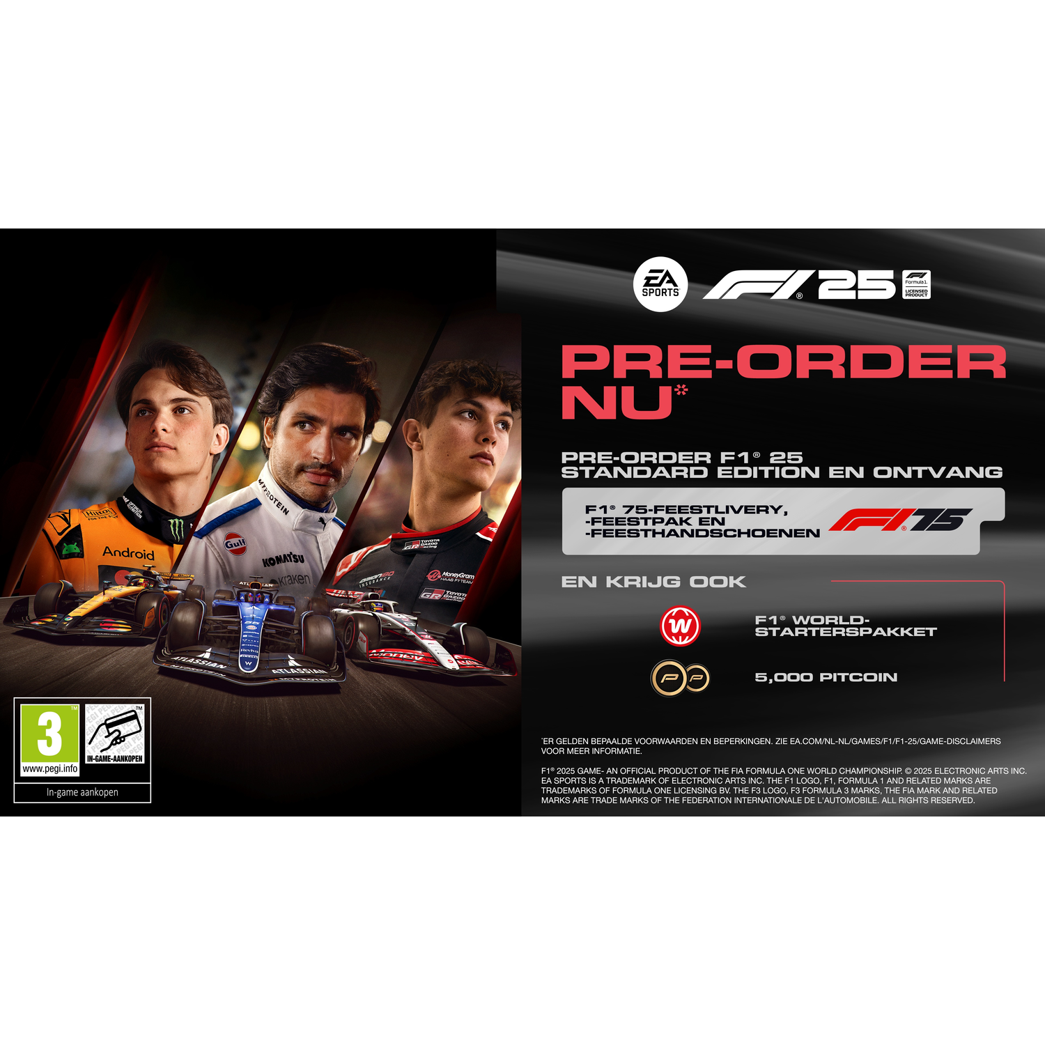 A game advertisement features race cars. The text says "PRE-ORDER NU" and "F1 25". 