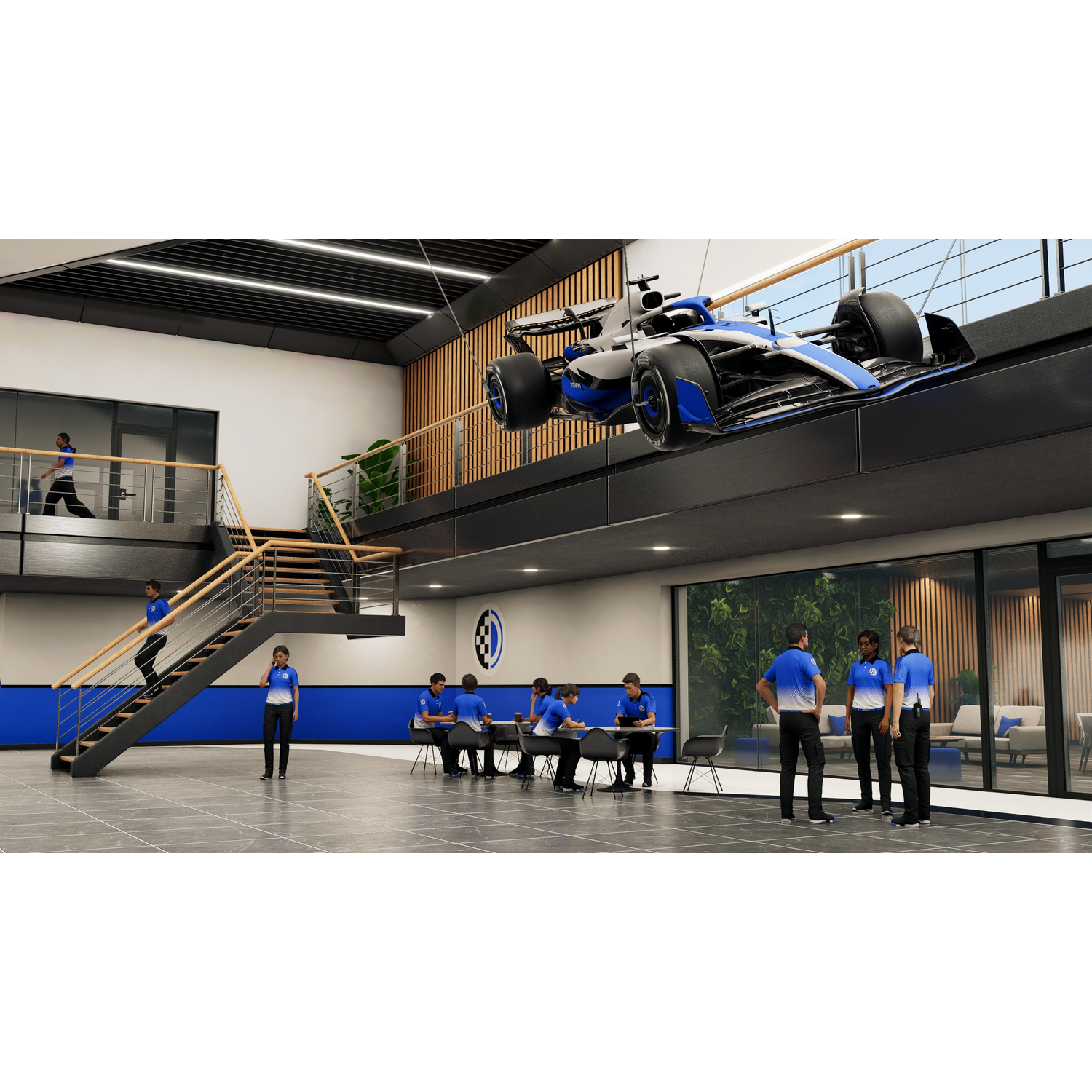 Race car suspended indoors with people, stairs and windows.