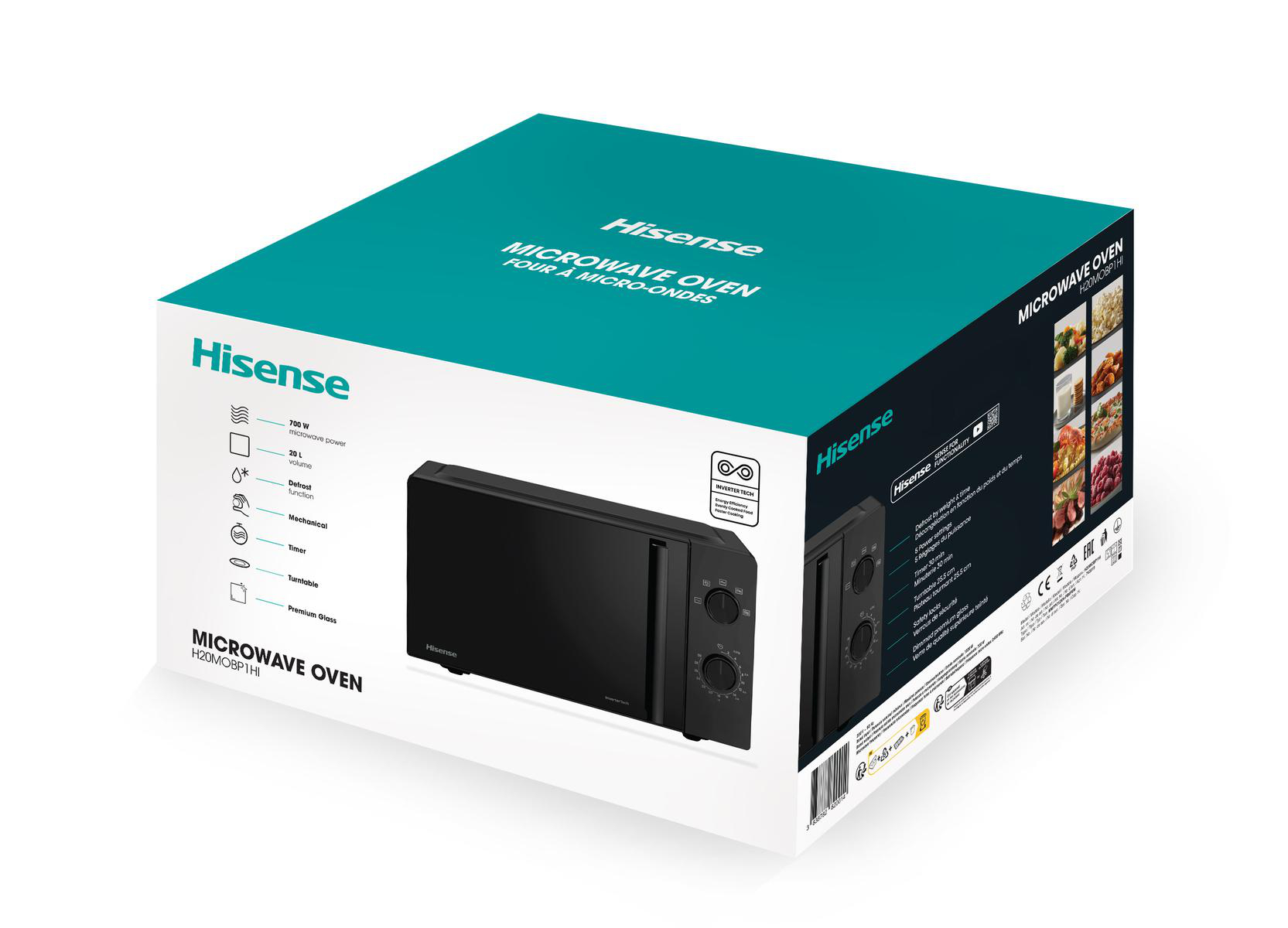 Hisense Mikrowellenbox, schwarze Mikrowelle sichtbar. Weißer Hintergrund und Winkelansicht.
