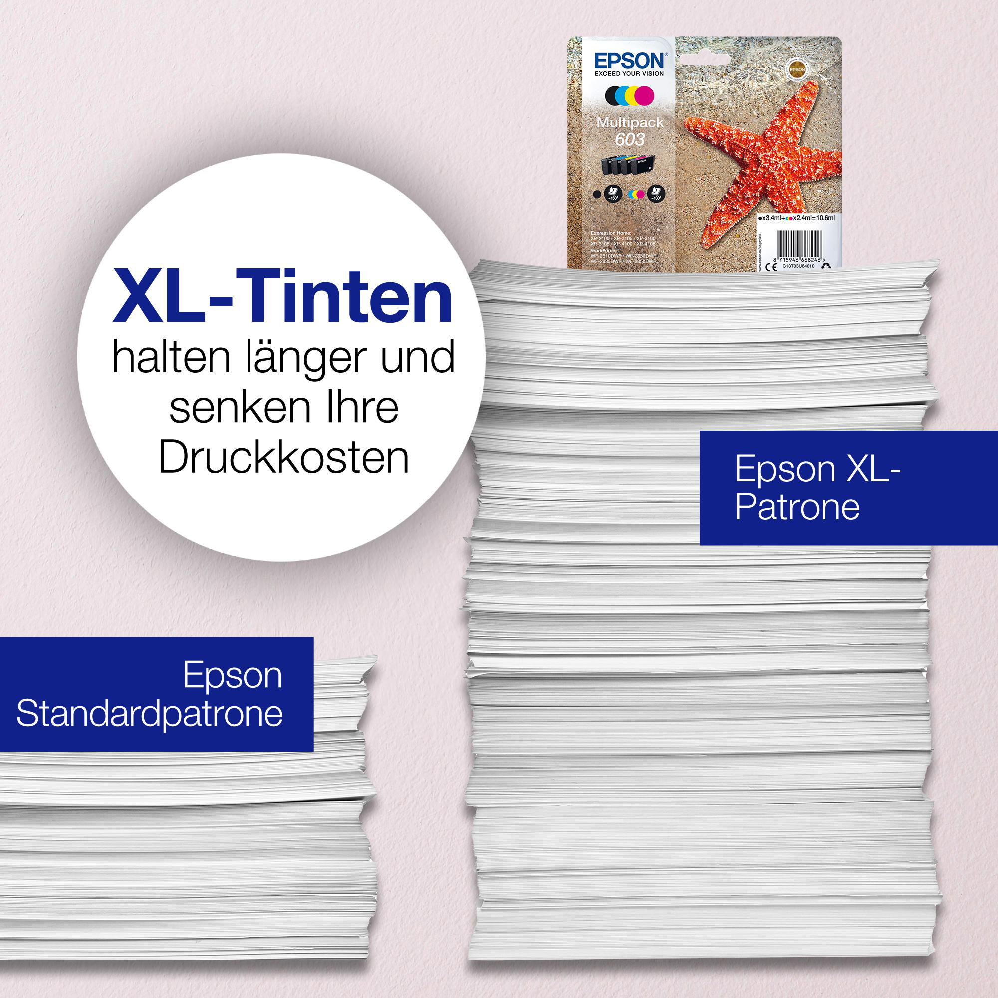 Ein Stapel Papier mit einem Text über Epson XL-Tintenpatronen und einer Patronenverpackung.
