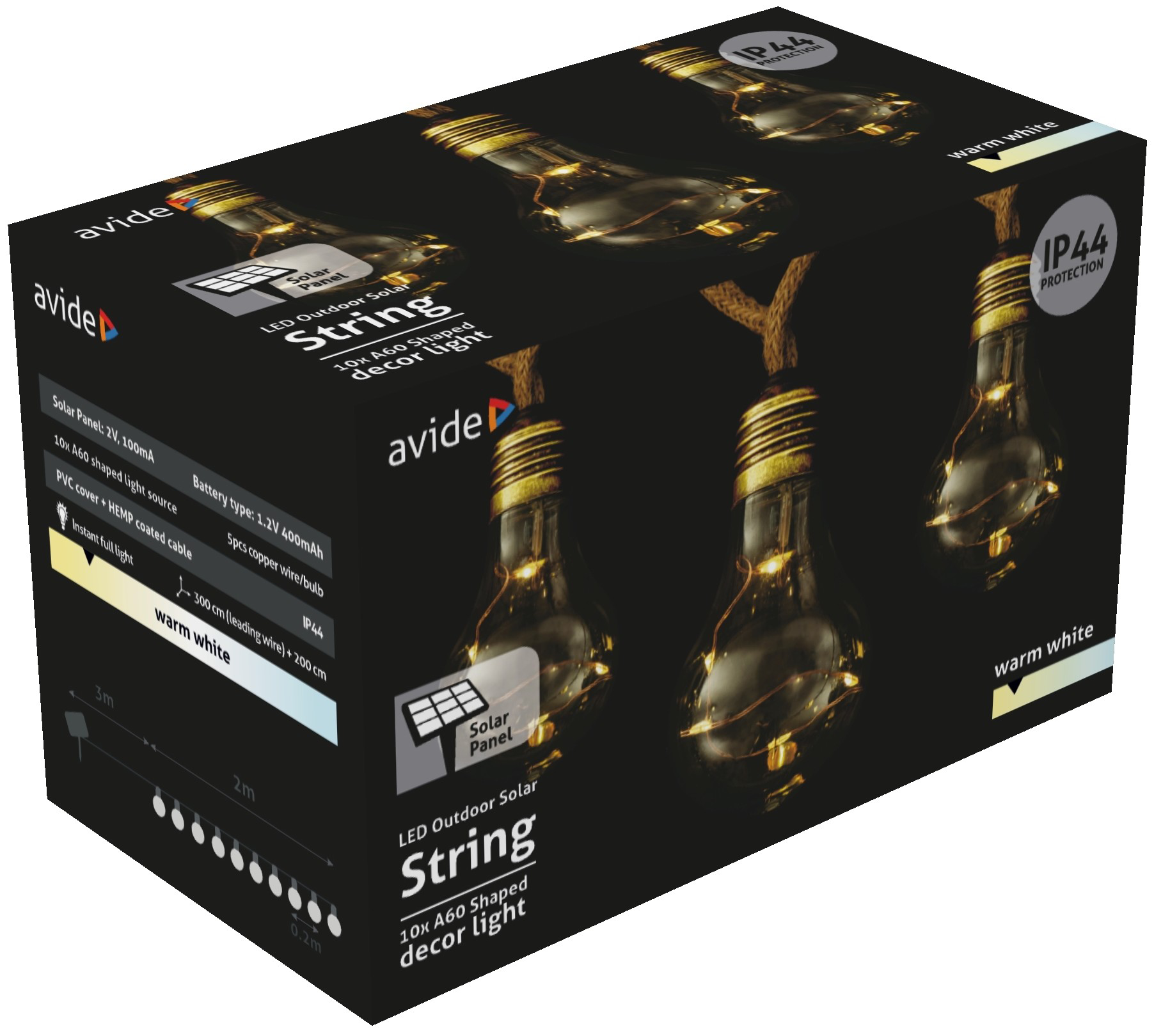 AVIDE Kültéri szolár füzér 5m, melegfehér, IP44 (AOSS5R-10C50ML-WW)