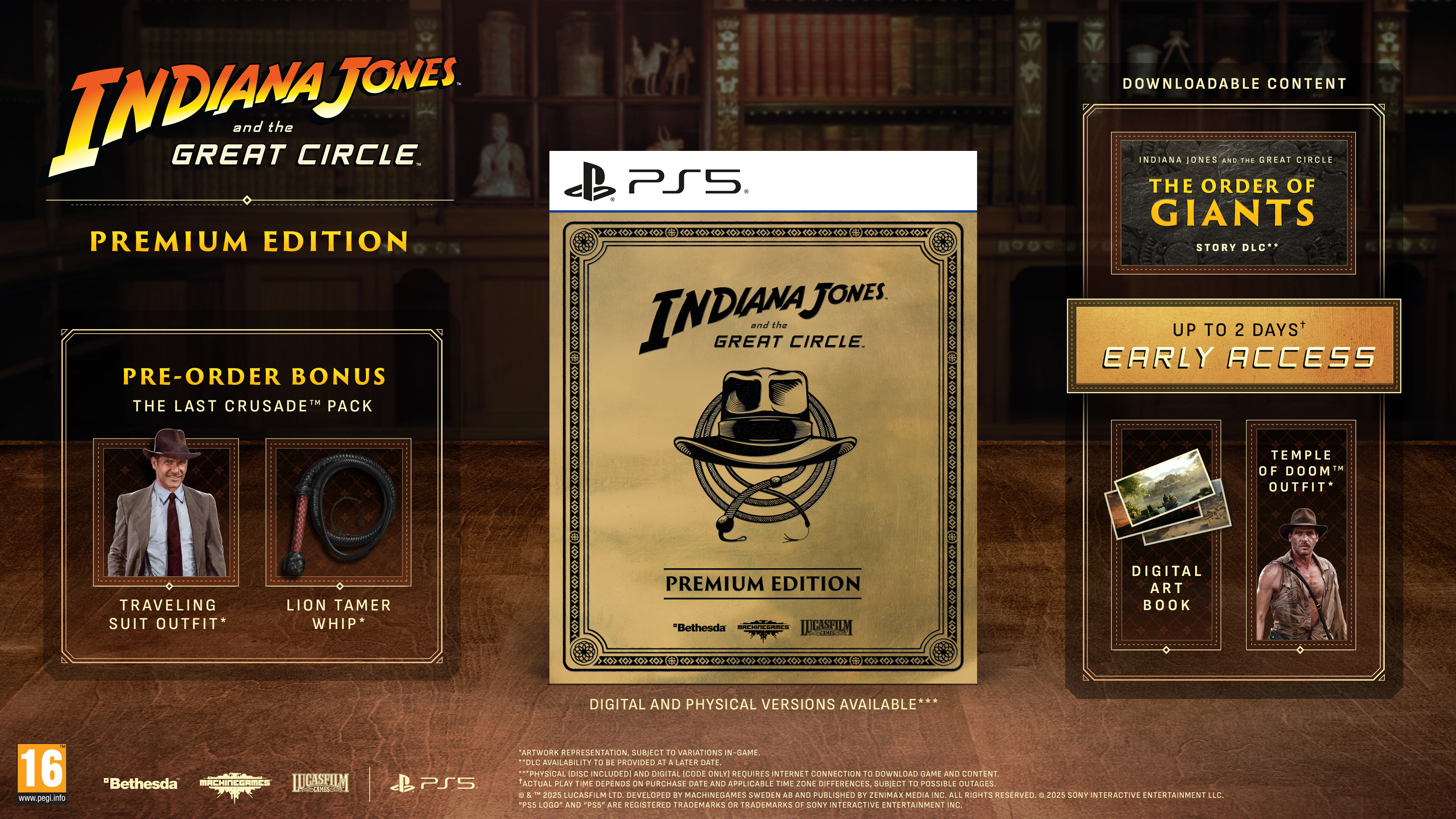Scatola del gioco Indiana Jones: The Great Circle, edizione premium, con dettagli sui contenuti bonus per PS5.