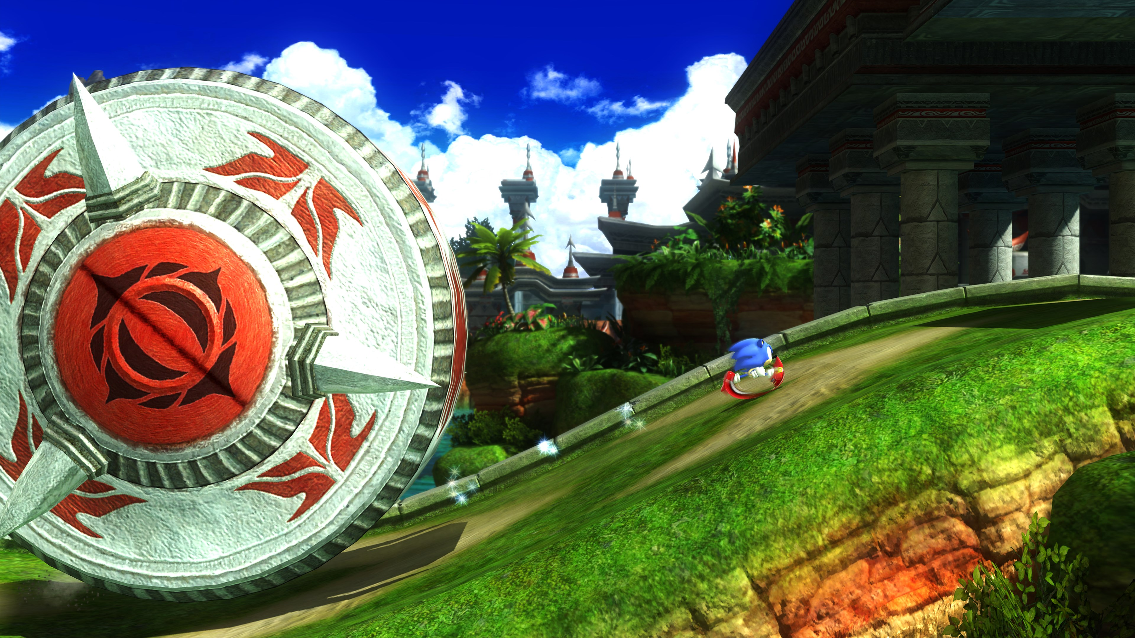Sonic che corre su una pista verde con un grande scudo.