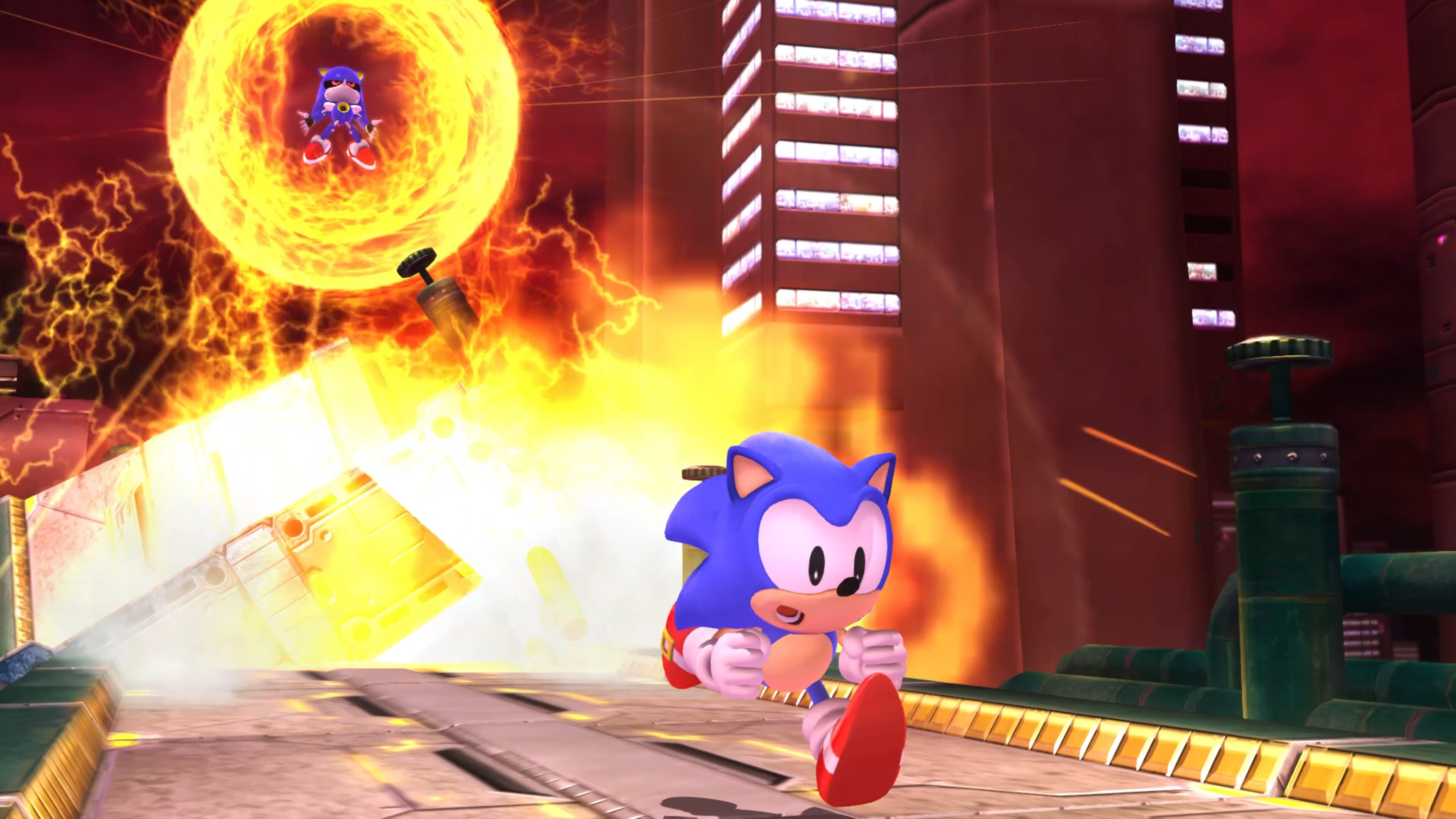 Sonic che corre su una piattaforma. C'è un anello di fuoco e un paesaggio urbano.