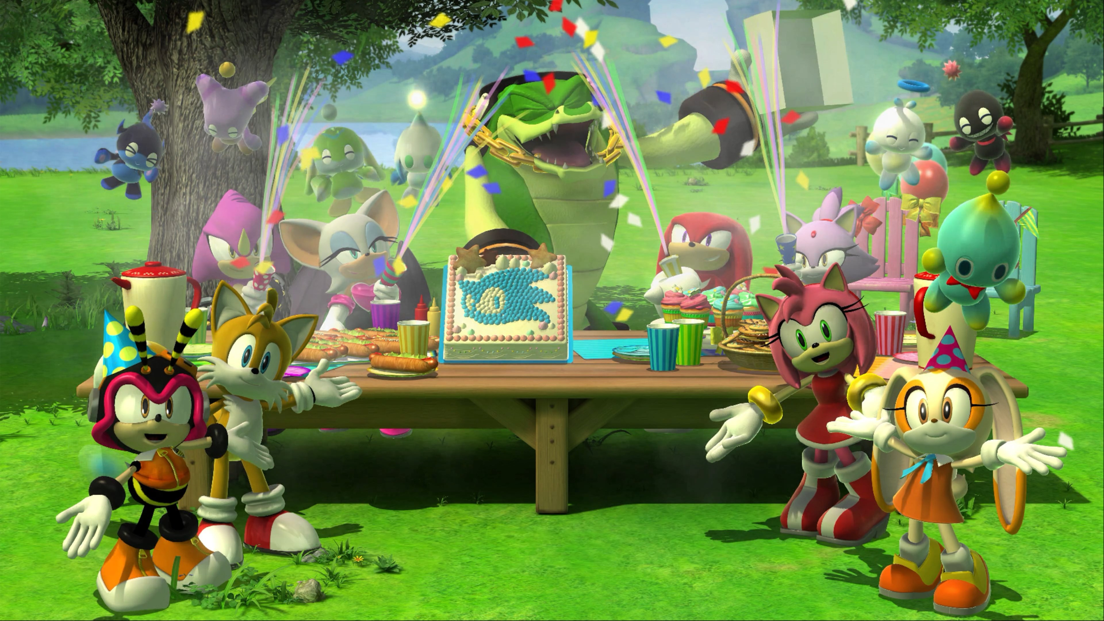 Sonic e amici festeggiano a un picnic. Una torta con logo Sonic è presente.