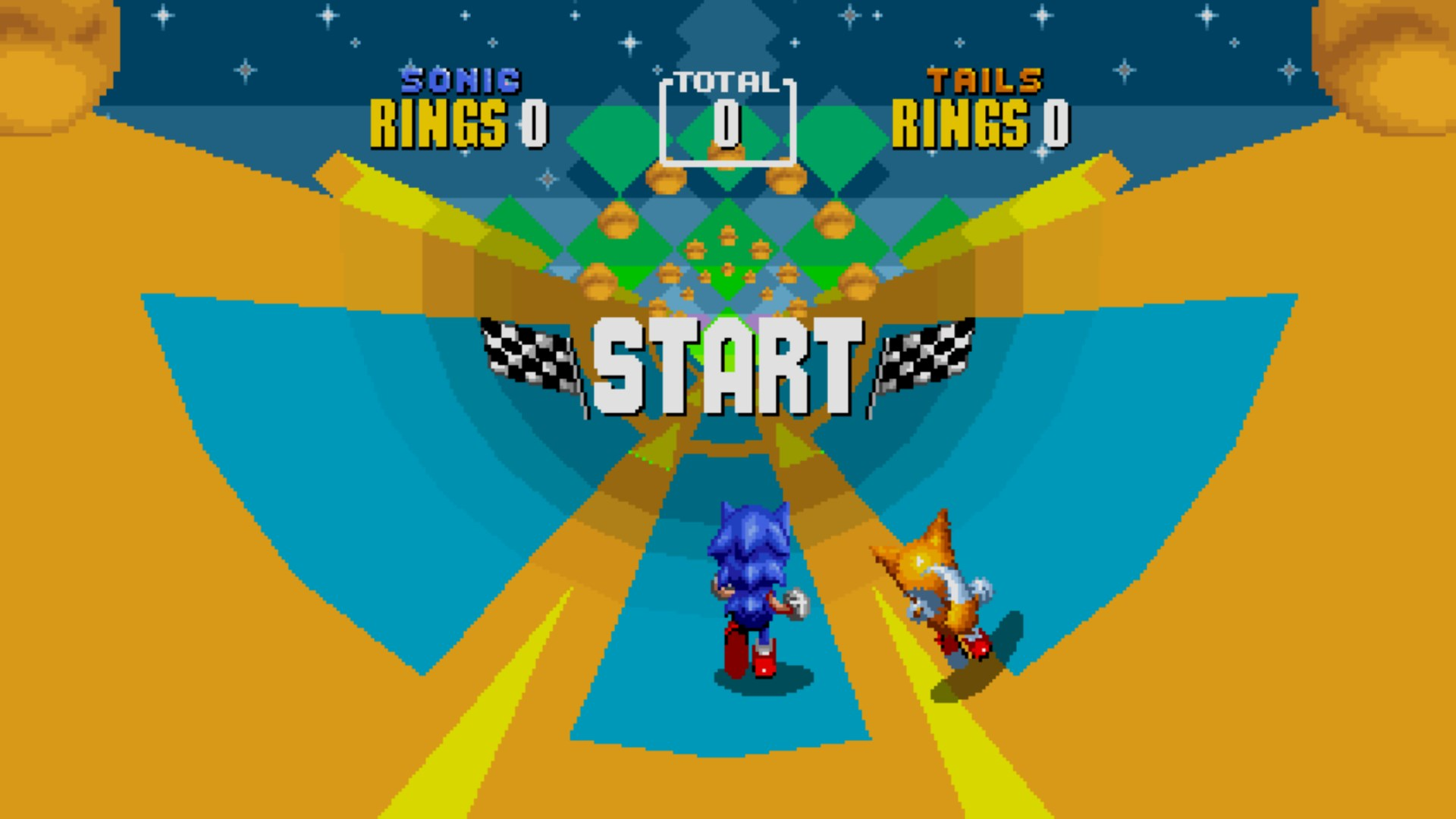 Scena videogioco retrò: Sonic e Tails alla partenza. La parola START è visibile.
