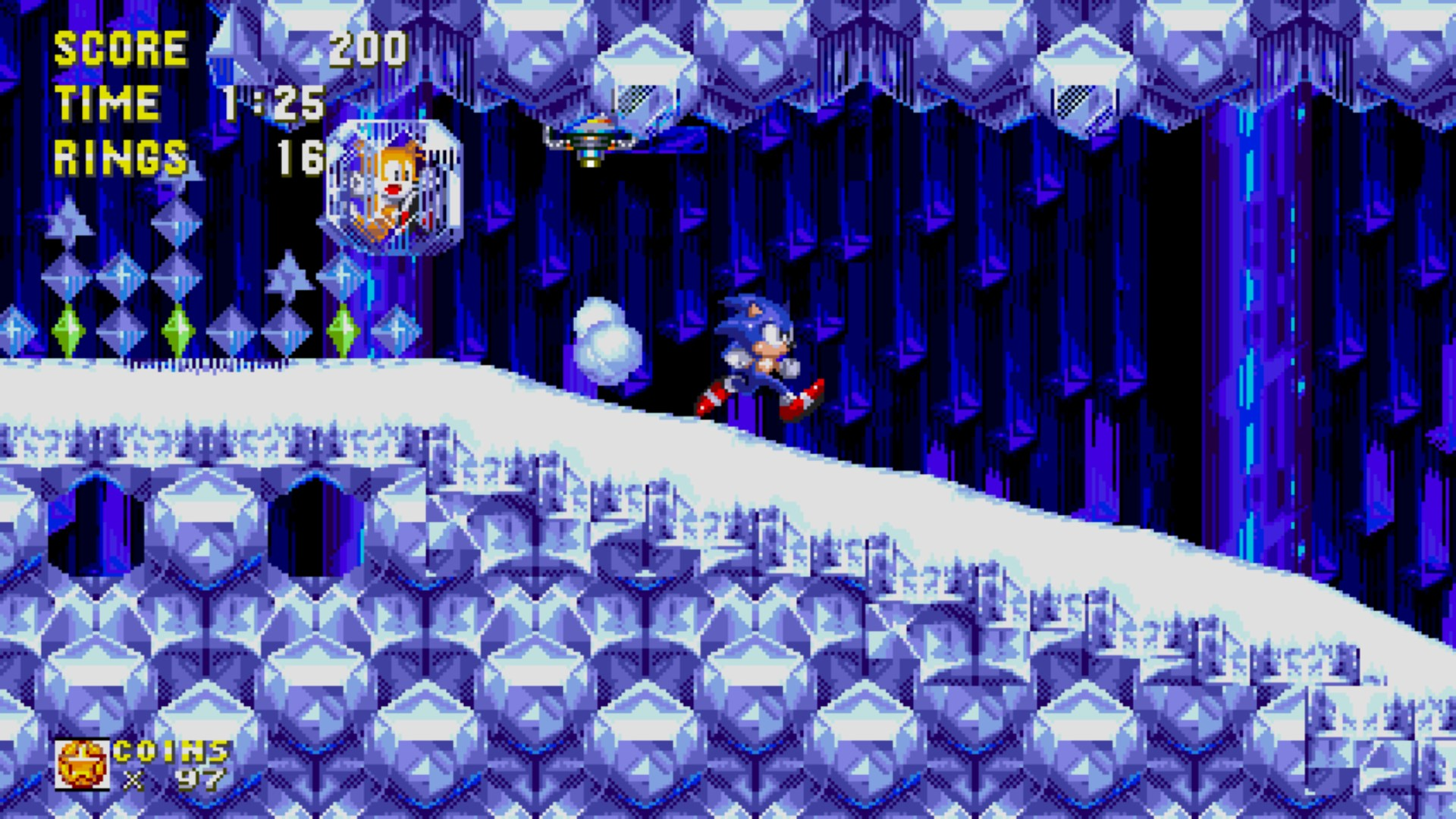 Sonic che corre in un livello innevato con Tails.