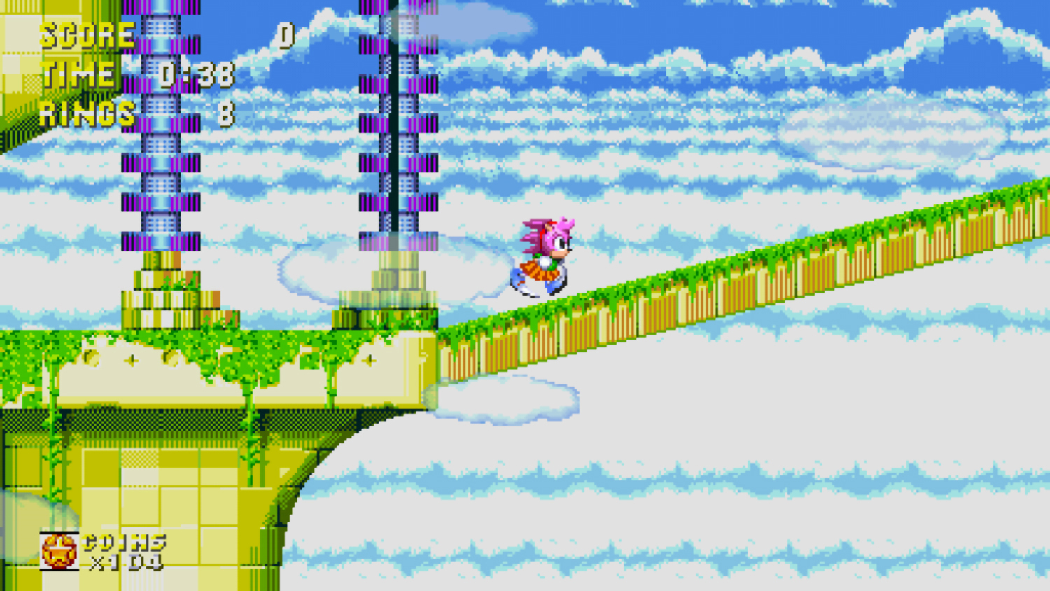 Scena di videogioco retrò con Amy Rose che corre su una pista.