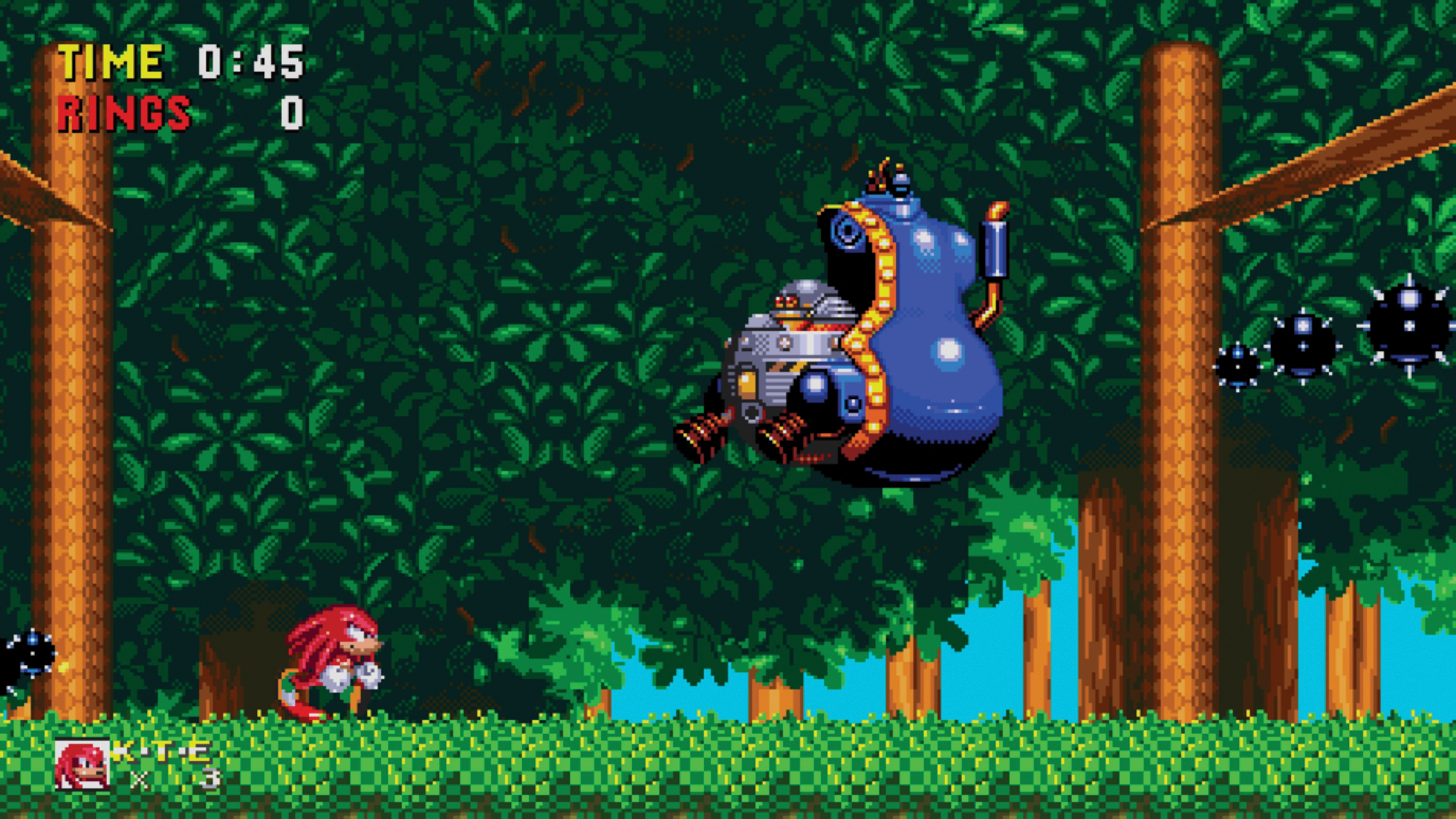 Knuckles che corre da un nemico robotico in una scena della foresta.
