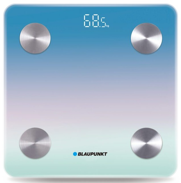 Niebiesko-biała waga. Wyświetla 68,5 kg, ze srebrnymi okrągłymi podkładkami.