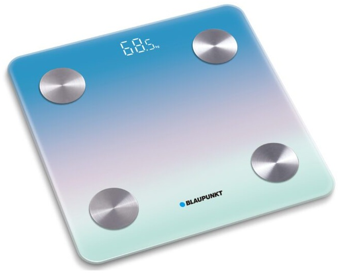 Waga cyfrowa z gradientową niebieską powierzchnią i srebrnymi okręgami.