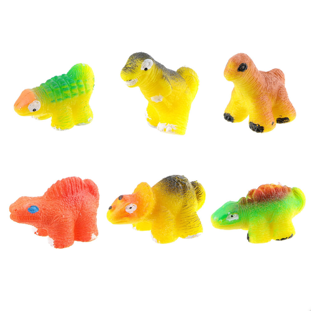 Seis dinosaurios de juguete coloridos, en varias poses y colores, sobre un fondo blanco.