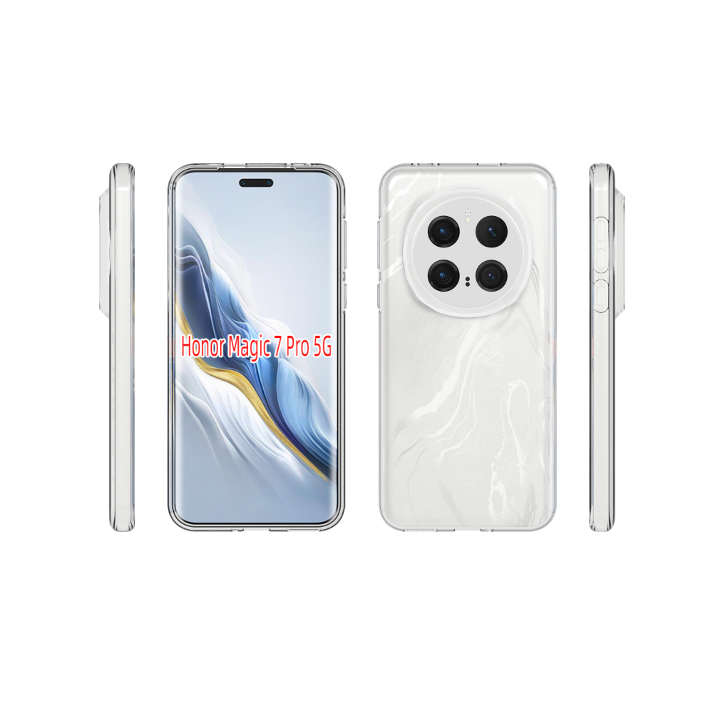 Fehér telefon márványmintás háttal, oldalsó nézetekkel és 'Honor Magic 7 Pro 5G' szöveggel.