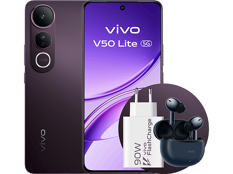 vivo V50 Lite, Phantom Black, 256 GB, 8 GB RAM, 6.77 AMOLED, MediaTek Dimensity 6300, 6500mAh, Incluye Cargador+Auriculares