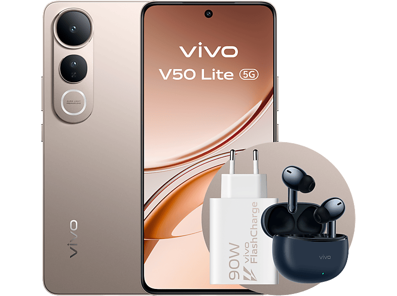 vivo V50 Lite, Titanium Gold, 256 GB, 8 GB RAM, 6.77 AMOLED, MediaTek Dimensity 6300, 6500mAh, Incluye Cargador+Auriculares