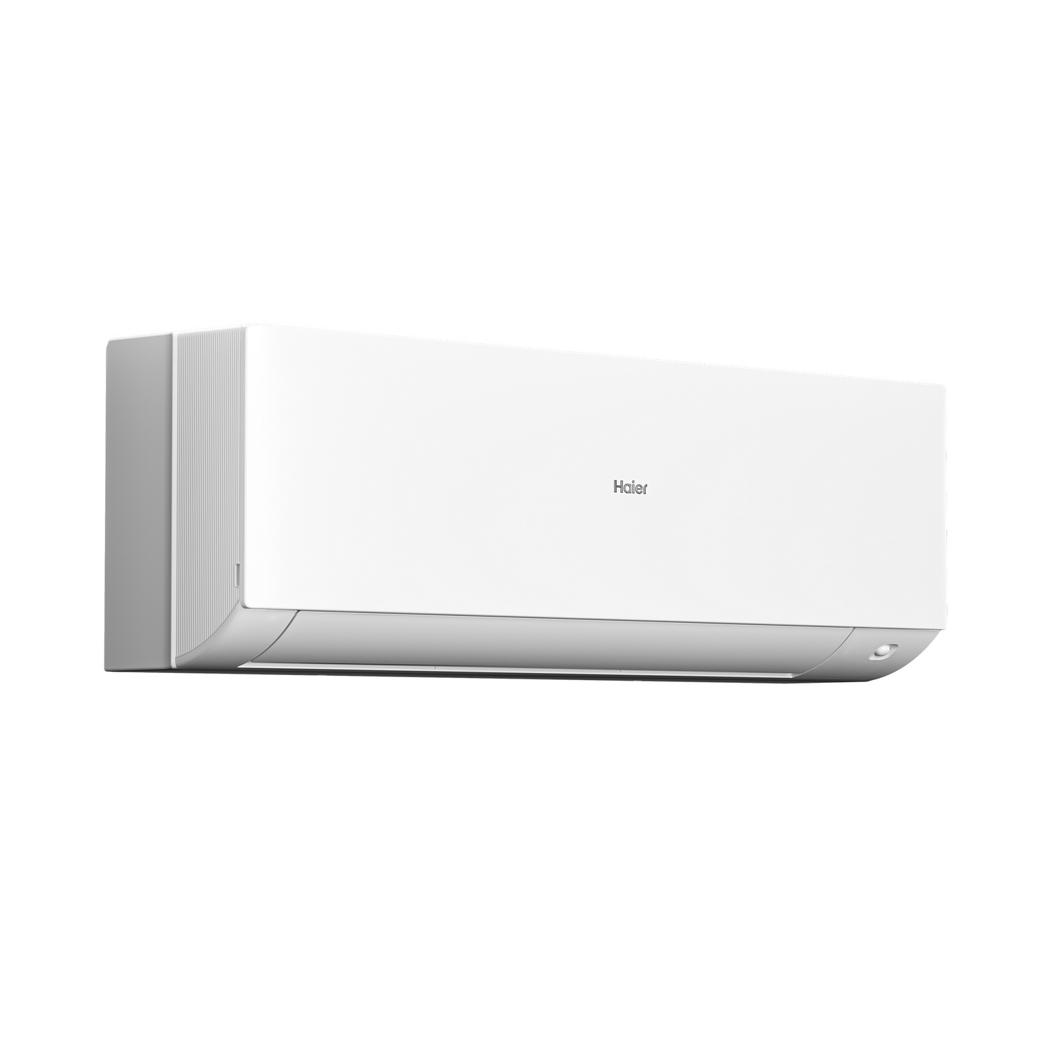 Un aire acondicionado Haier blanco montado en una pared blanca. Diseño limpio y moderno.