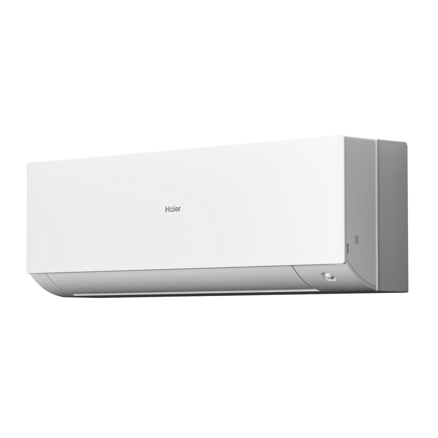 Un aire acondicionado Haier blanco, sobre un fondo blanco.