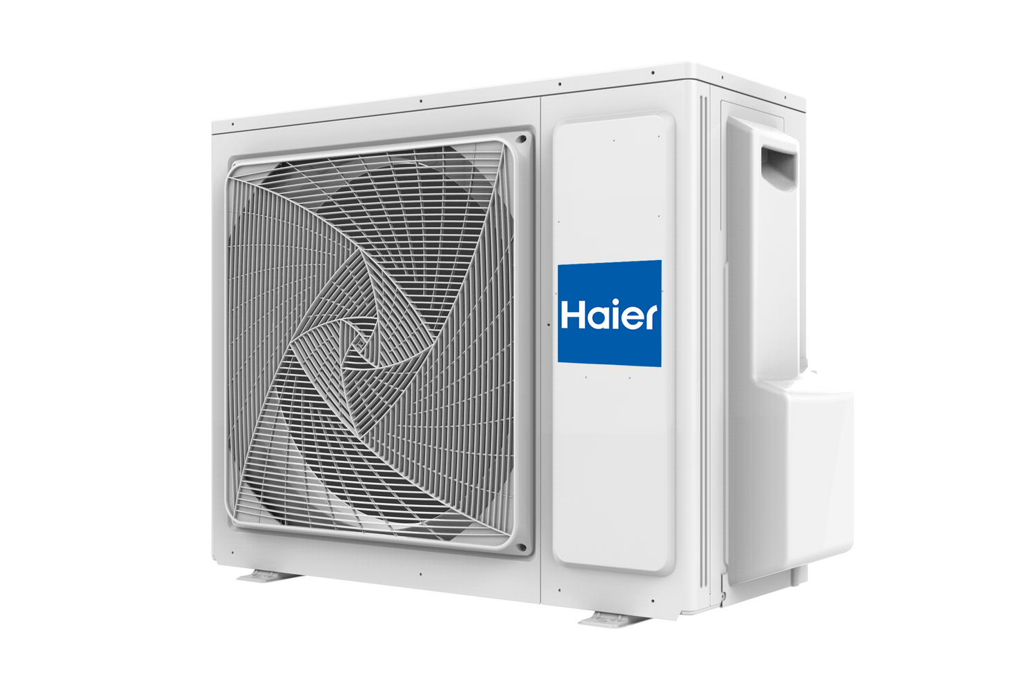 Unidad de aire acondicionado Haier blanca sobre fondo blanco. Logotipo azul Haier lateral.