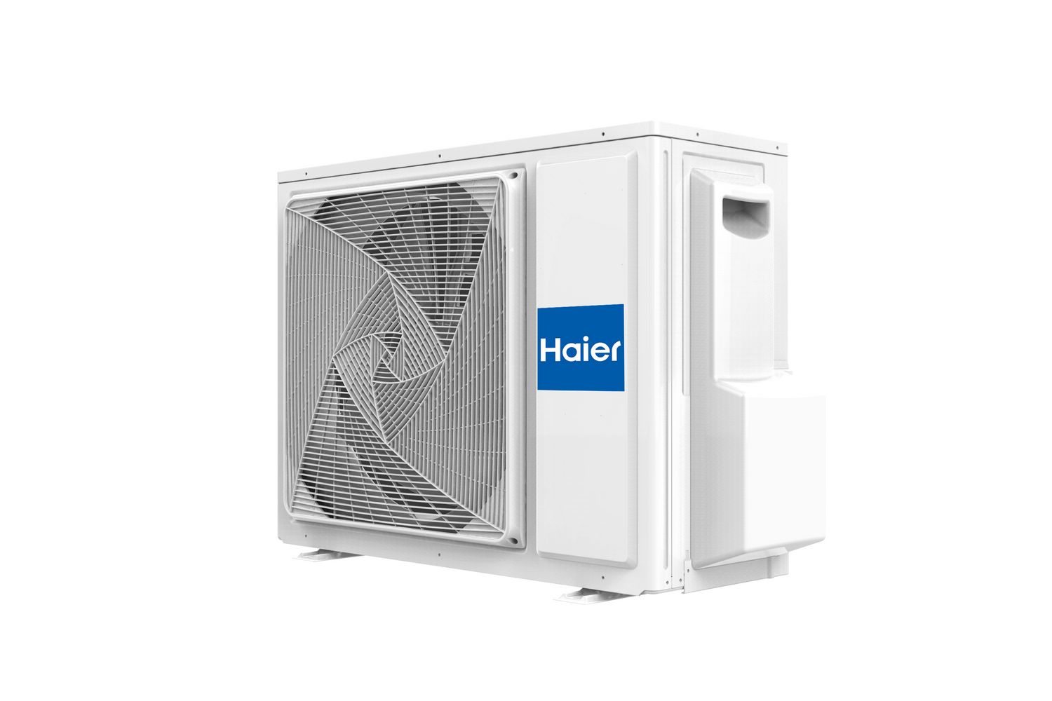 Aire acondicionado Haier blanco sobre fondo blanco. Logotipo azul de Haier visible.