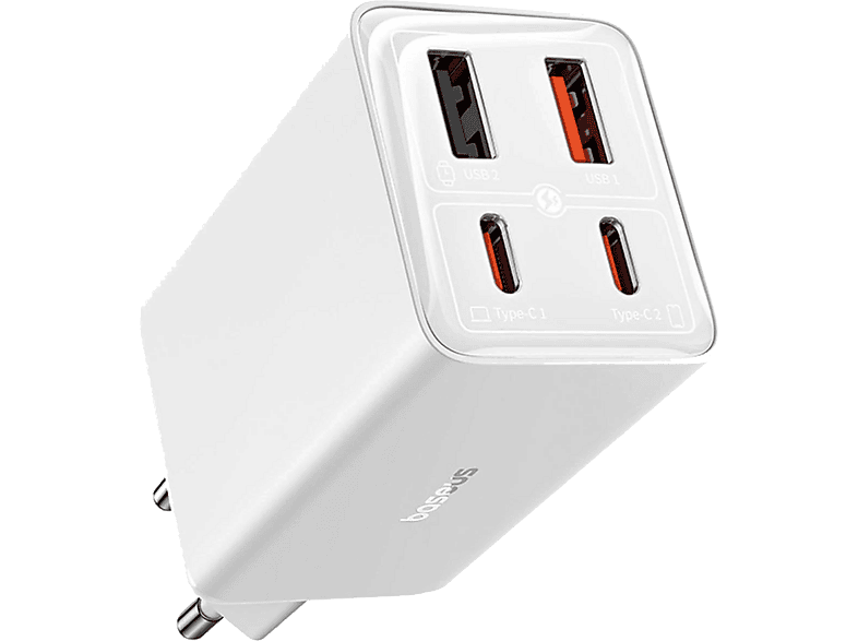 Cargador de pared - Baseus GaN6 Pro, Universal, 65W, 2x USB-A, USB-C, Blanco