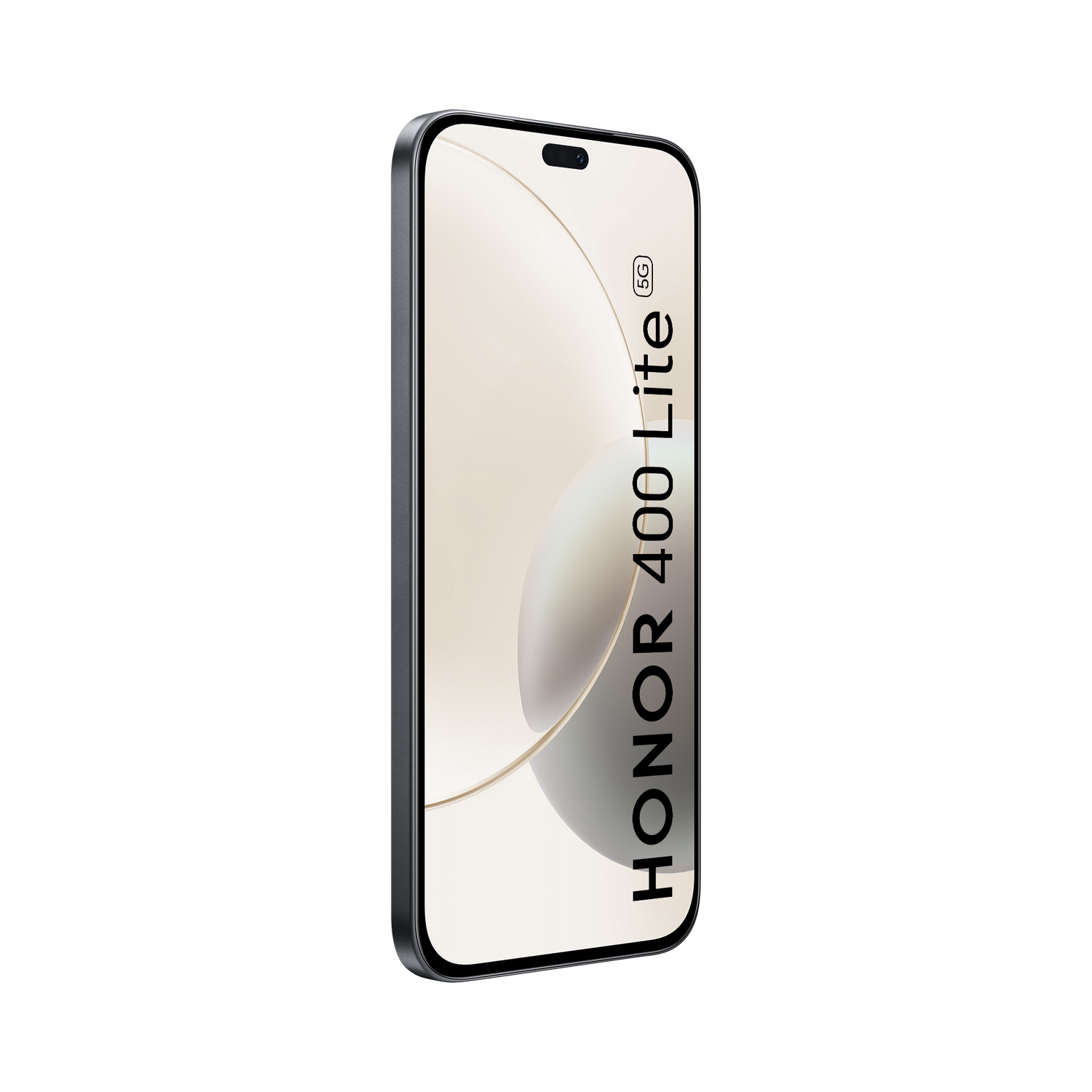 Teléfono Honor 400 Lite 5G negro y plateado sobre fondo negro.