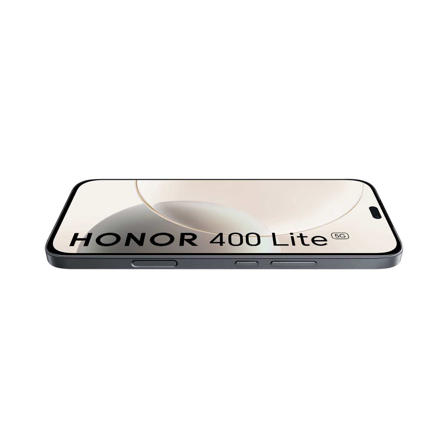 Teléfono HONOR 400 Lite 5G tumbado sobre una superficie negra.
