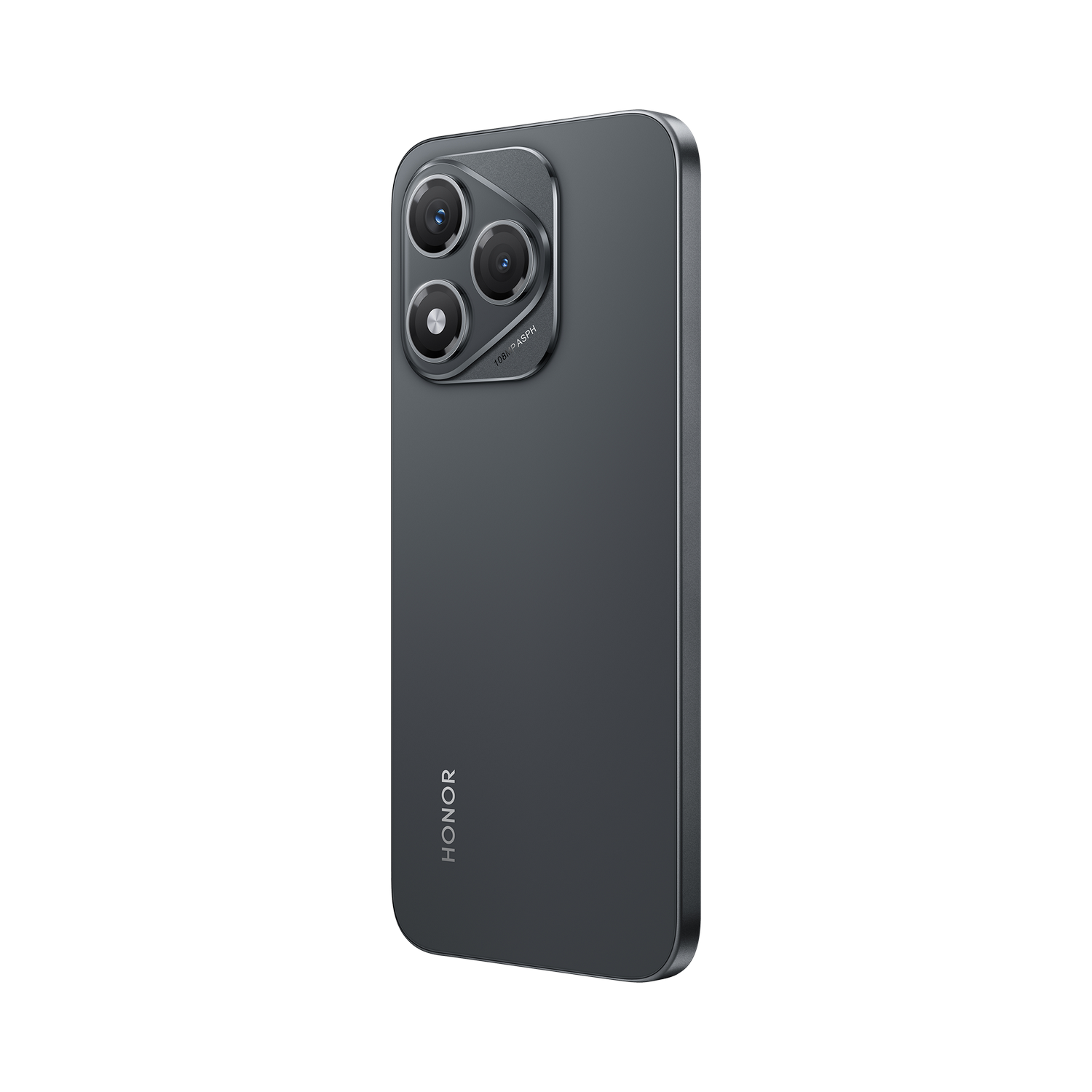 Smartphone gris oscuro con triple cámara, logo HONOR.