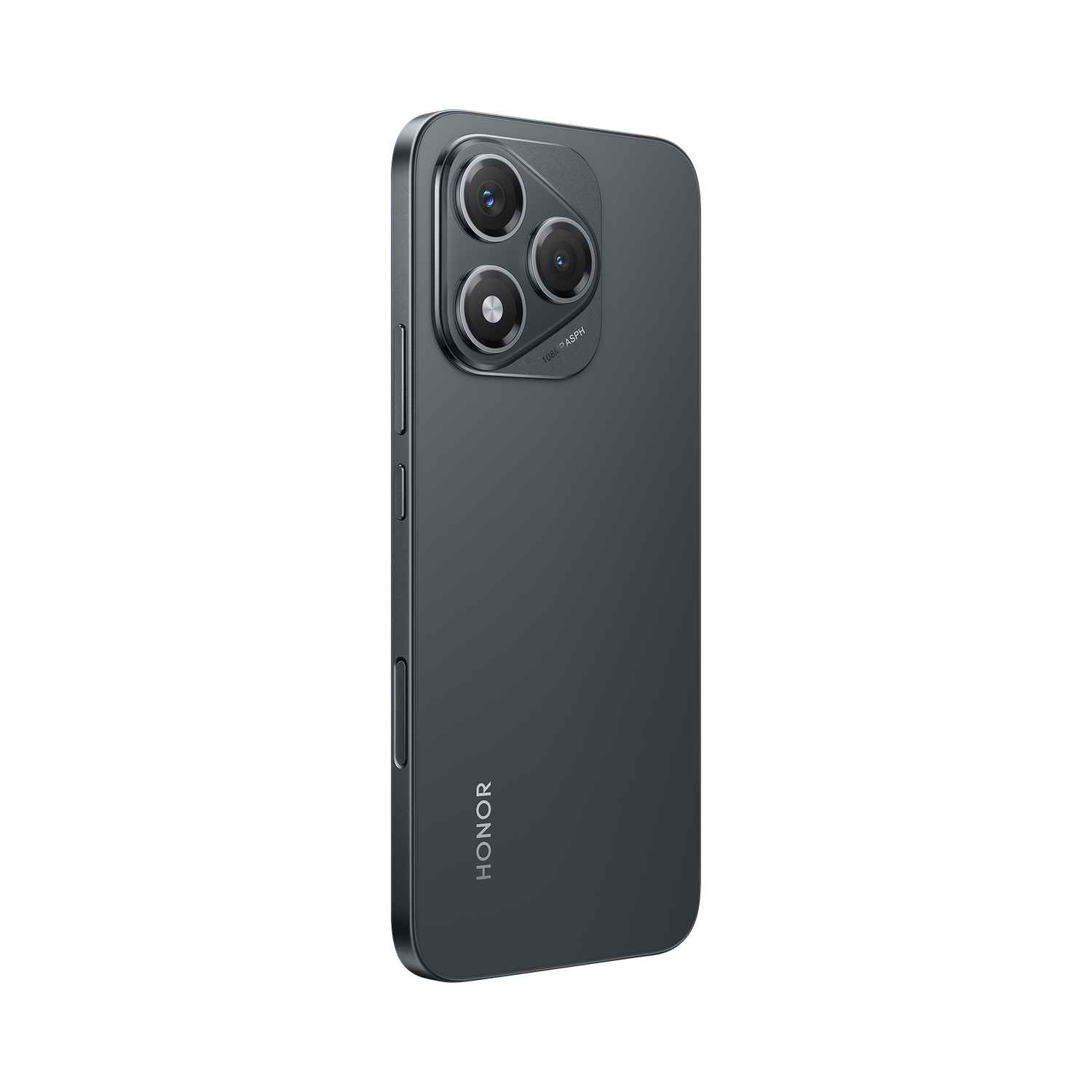 Teléfono HONOR gris oscuro con tres cámaras traseras. El teléfono está en ángulo, mostrando la parte trasera.