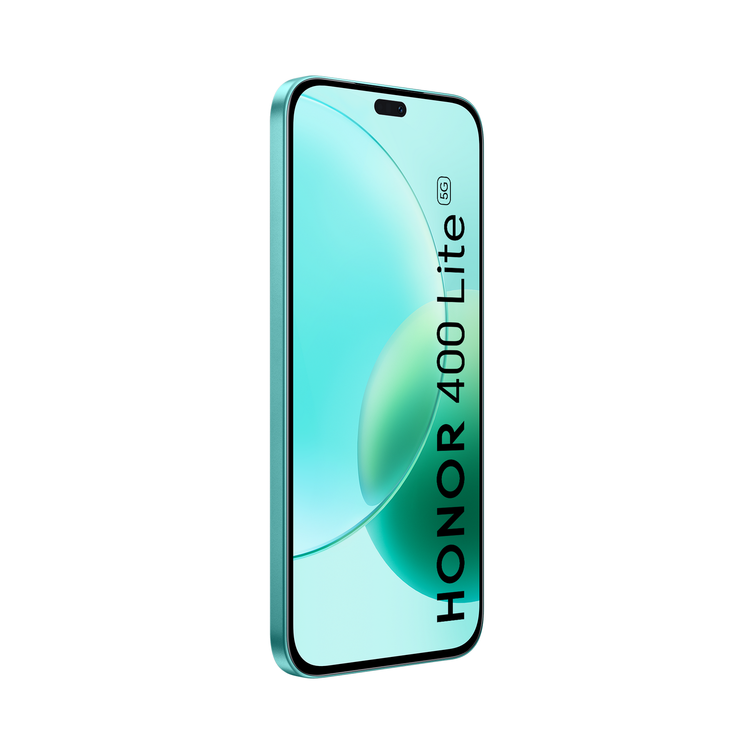 Un smartphone Honor 400 Lite 5G turquesa sobre un fondo negro.