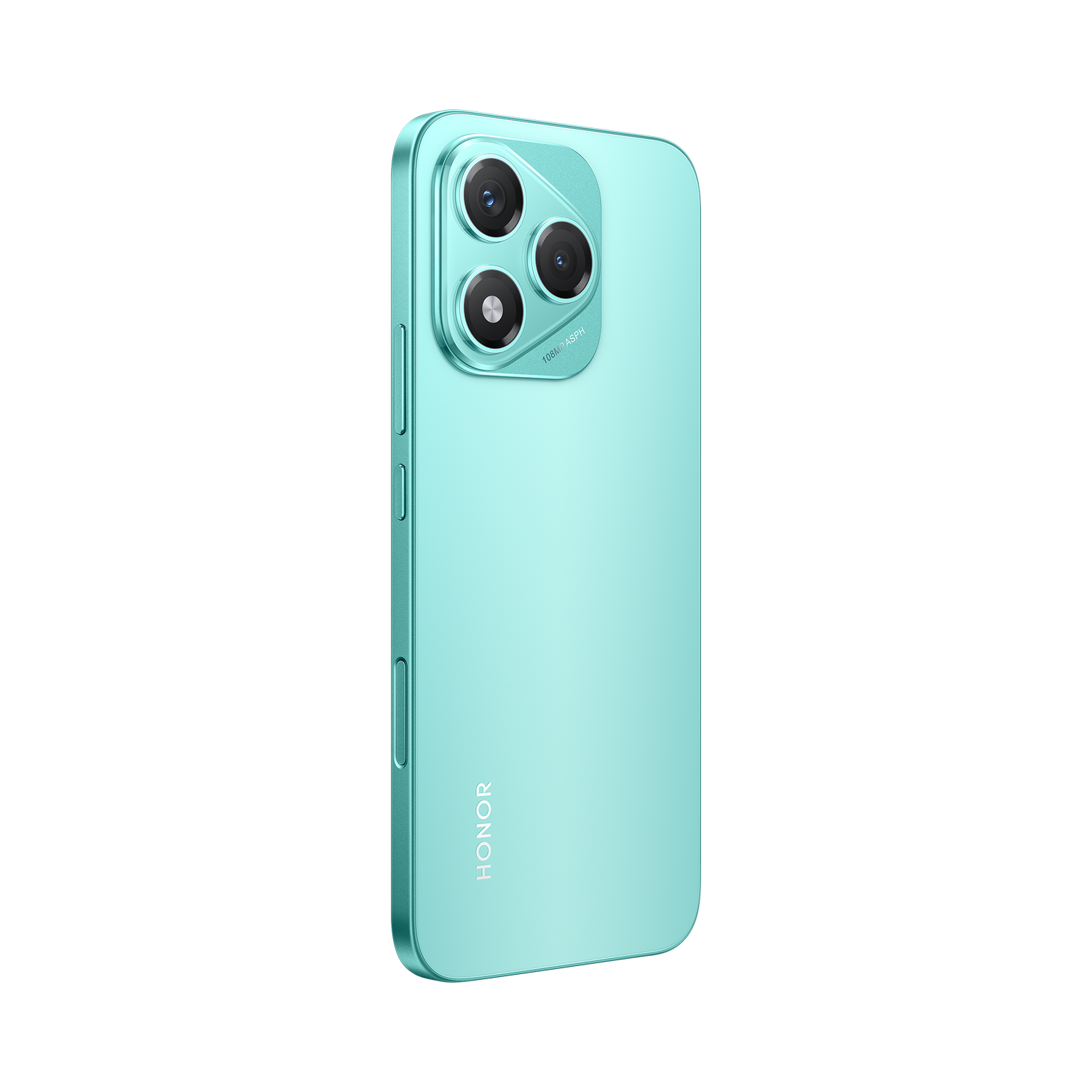 Un teléfono turquesa con tres cámaras traseras, en ángulo para mostrar la parte trasera y el perfil lateral.