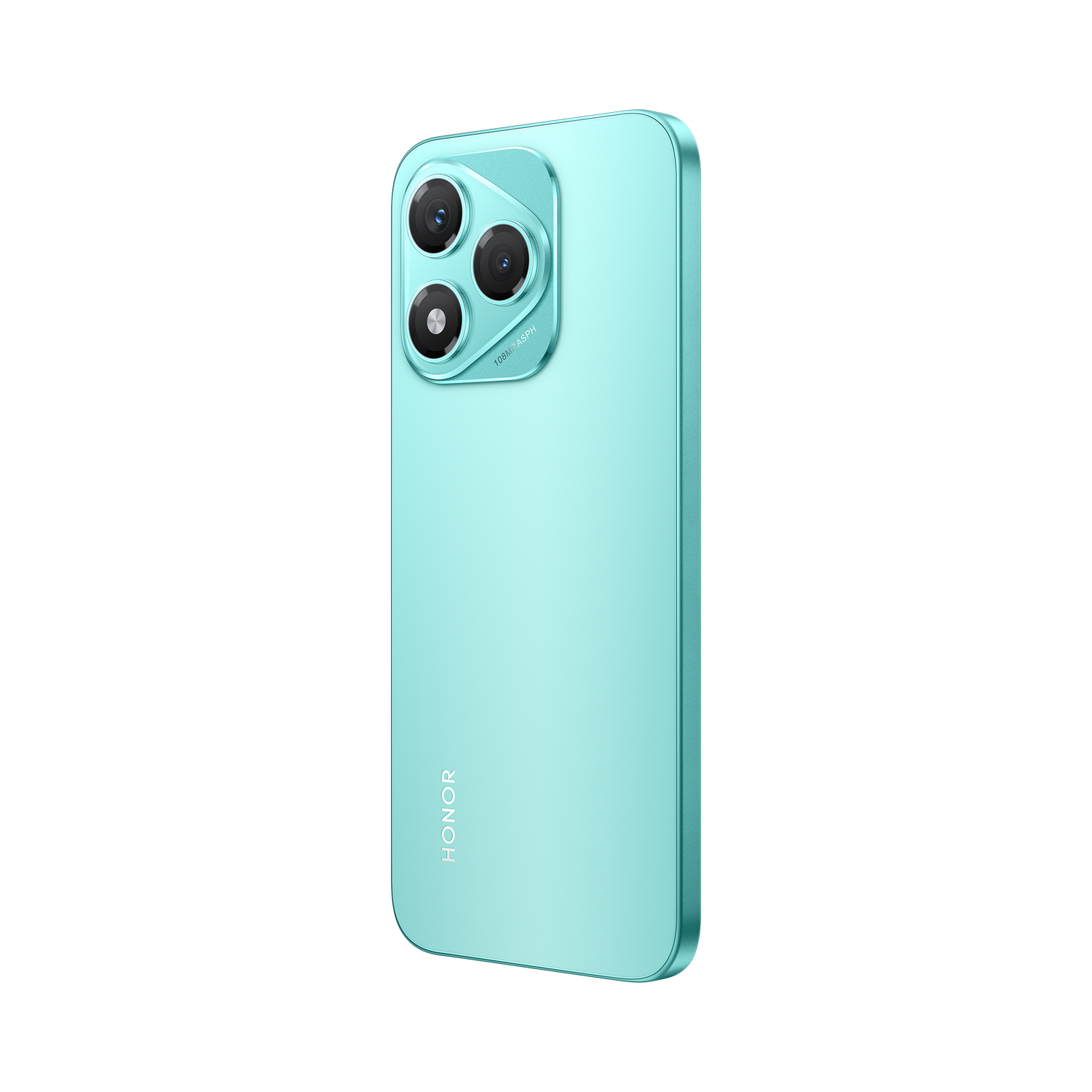 Teléfono HONOR turquesa con tres lentes de cámara.