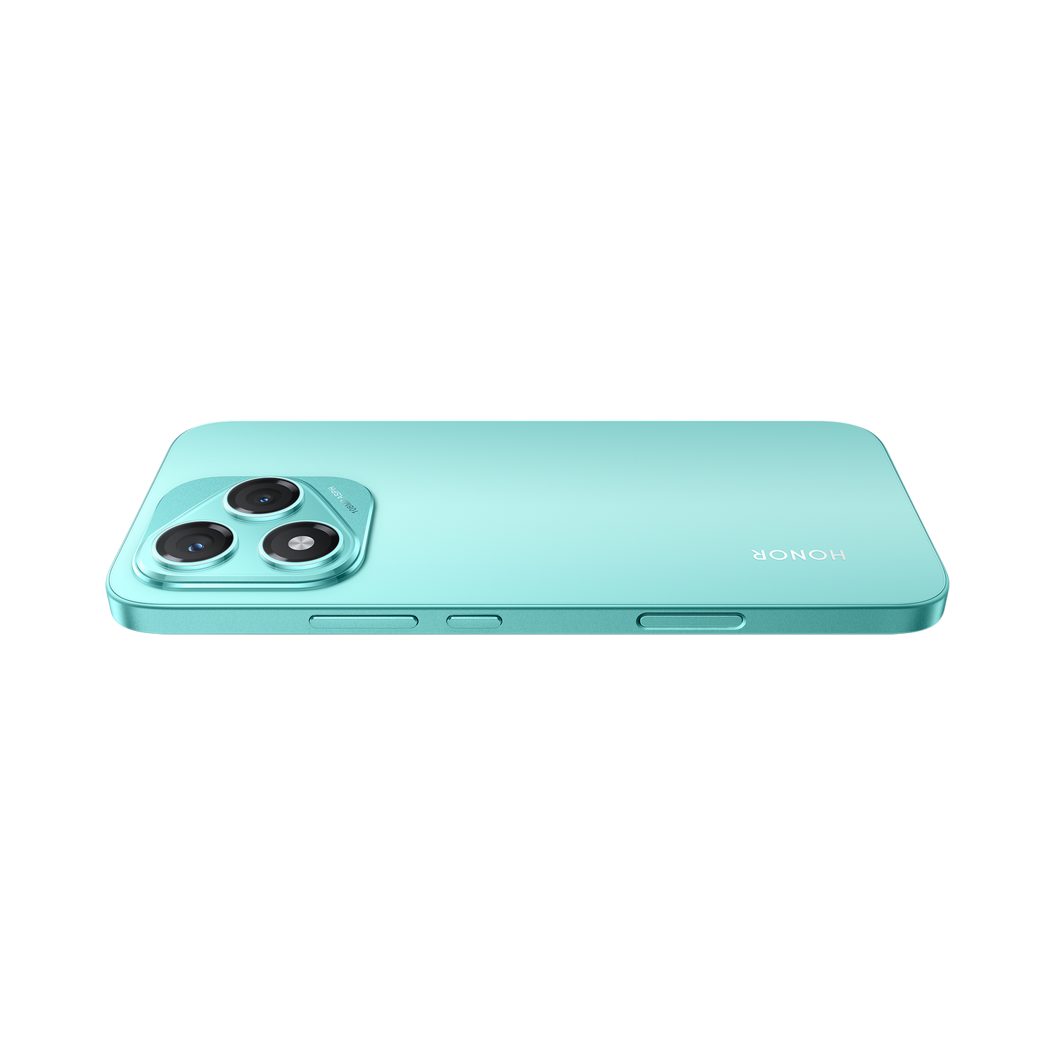 Un smartphone turquesa está plano sobre un fondo negro, mostrando la palabra HONOR.