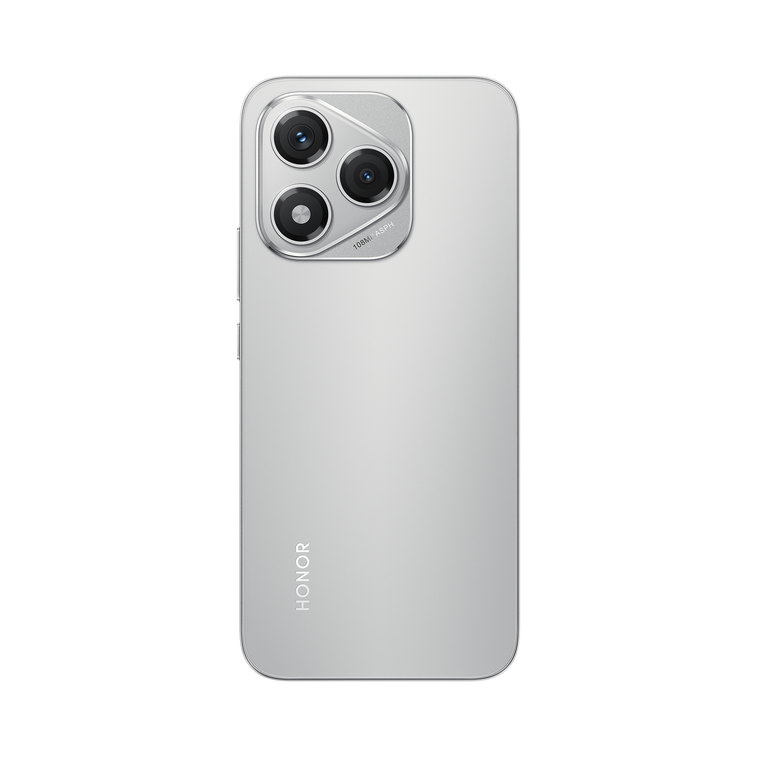Un smartphone HONOR plateado con tres cámaras traseras, fondo negro.
