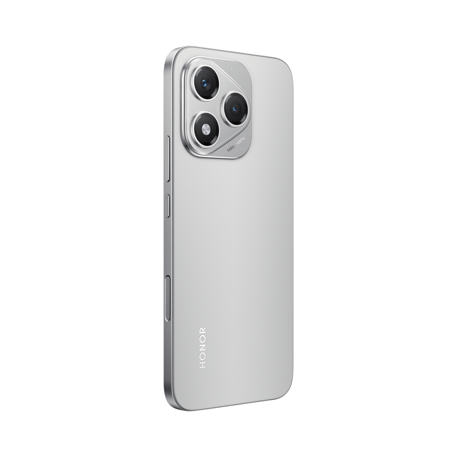 Smartphone plateado con tres cámaras traseras, logo HONOR.