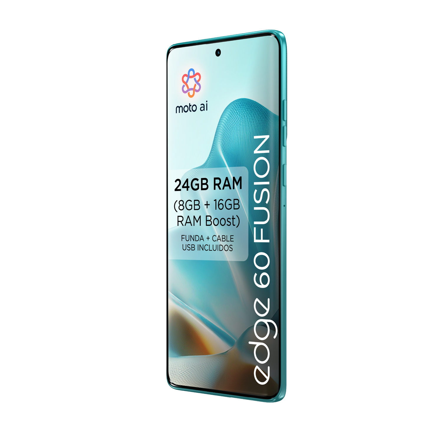Teléfono turquesa, fondo blanco, diseño ondulado azul y blanco, texto negro.