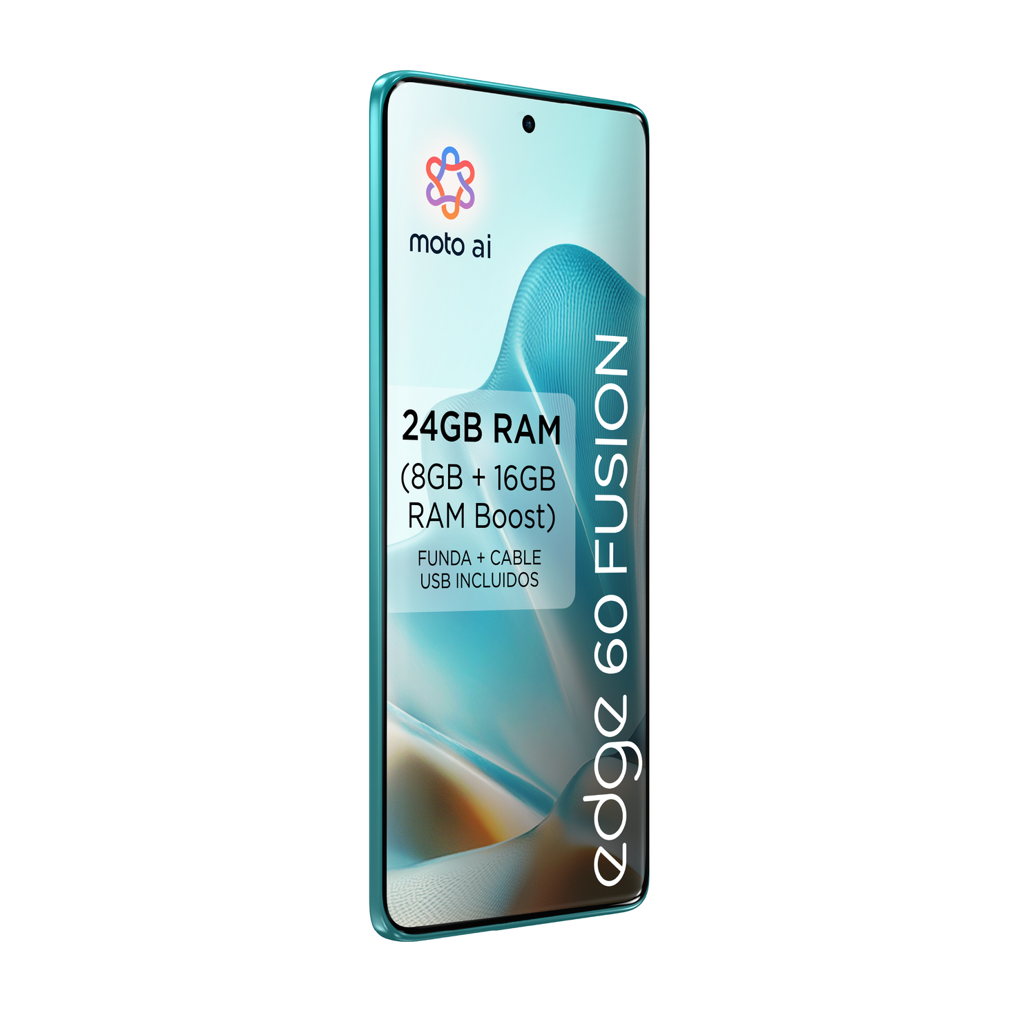 Smartphone turquesa con texto. Fondo blanco. Modelo Edge 60 Fusion.