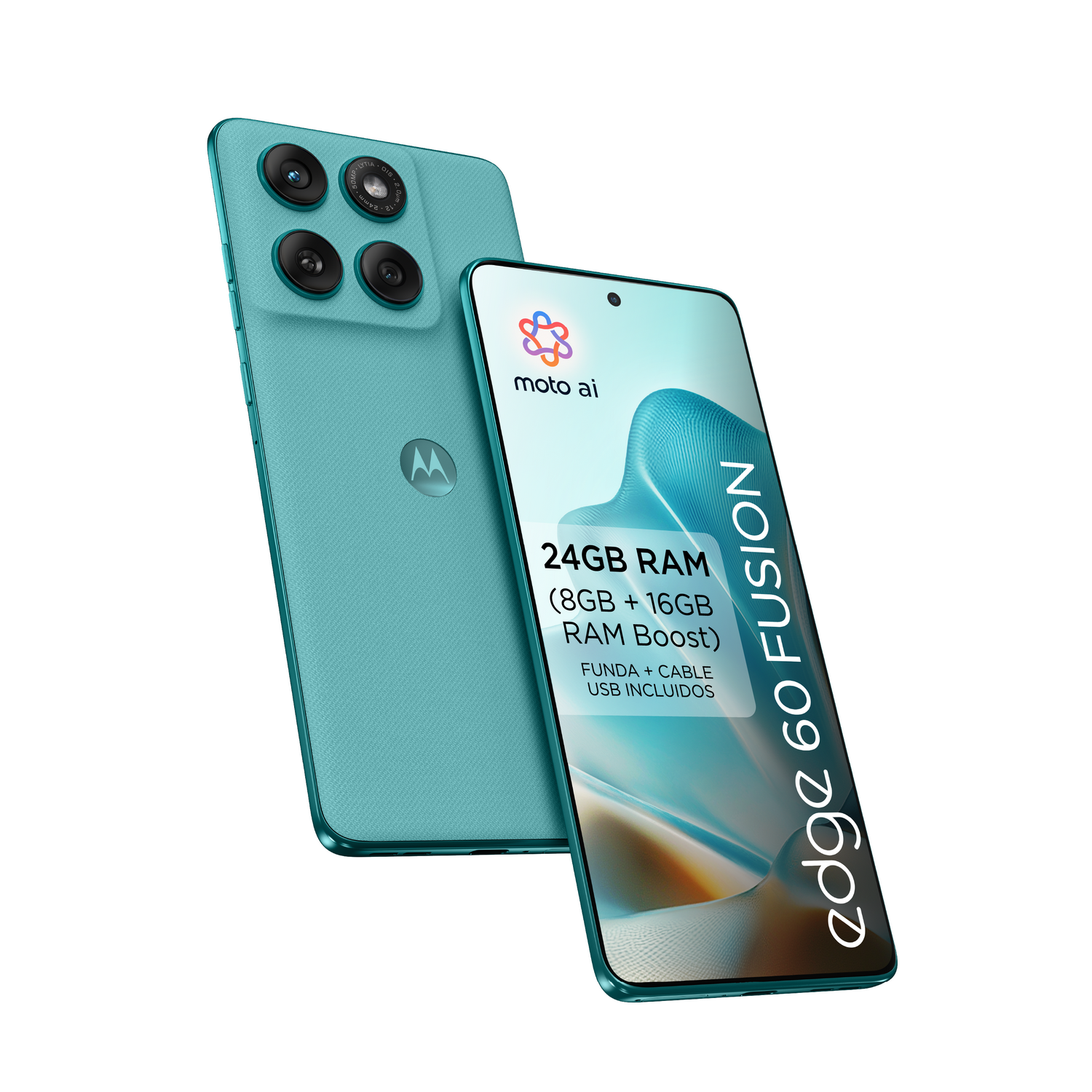 Dos smartphones turquesas, uno mostrando la pantalla, el otro con cámaras. Texto: 'Edge 60 Fusion'.