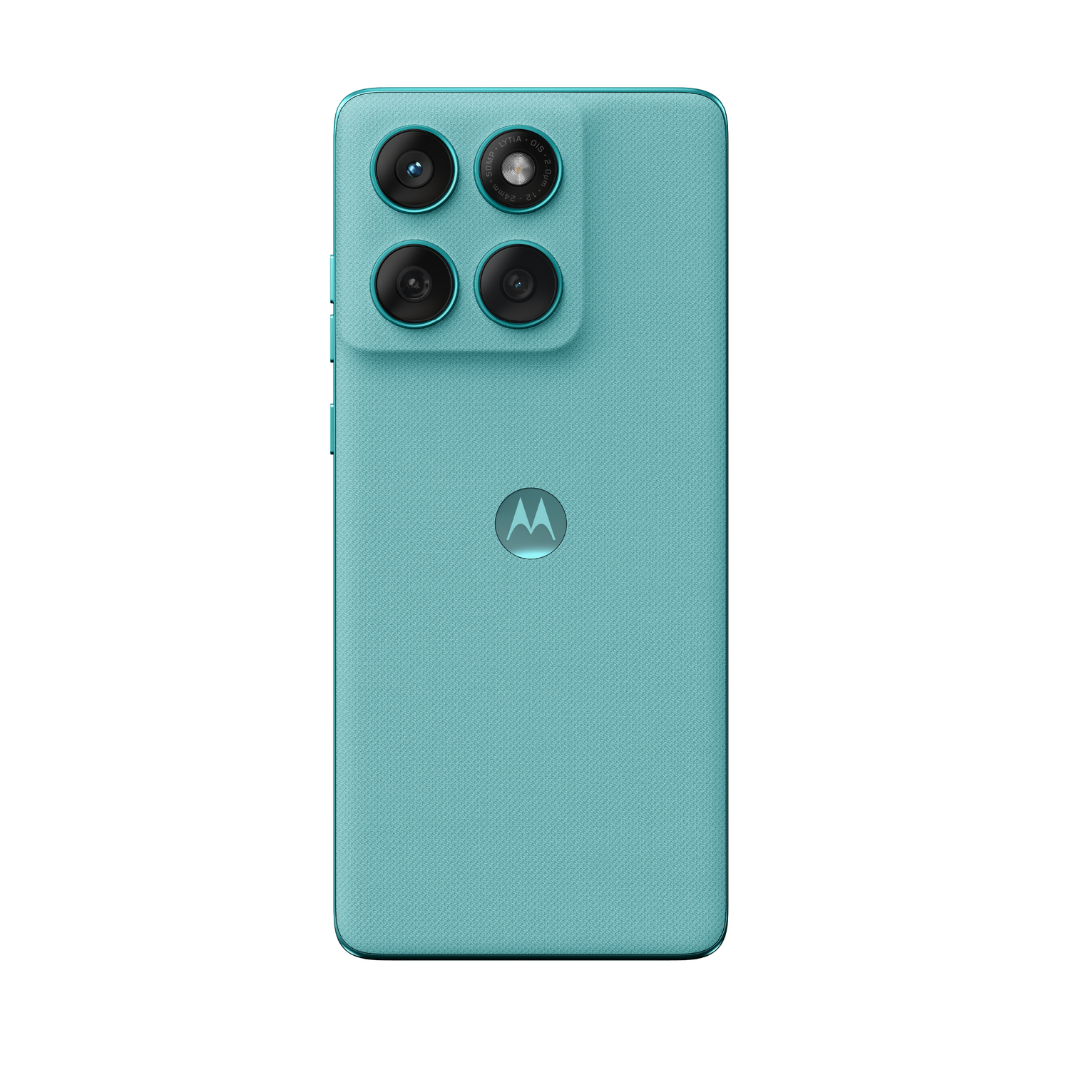 Un teléfono inteligente verde azulado con varias cámaras en la parte trasera.