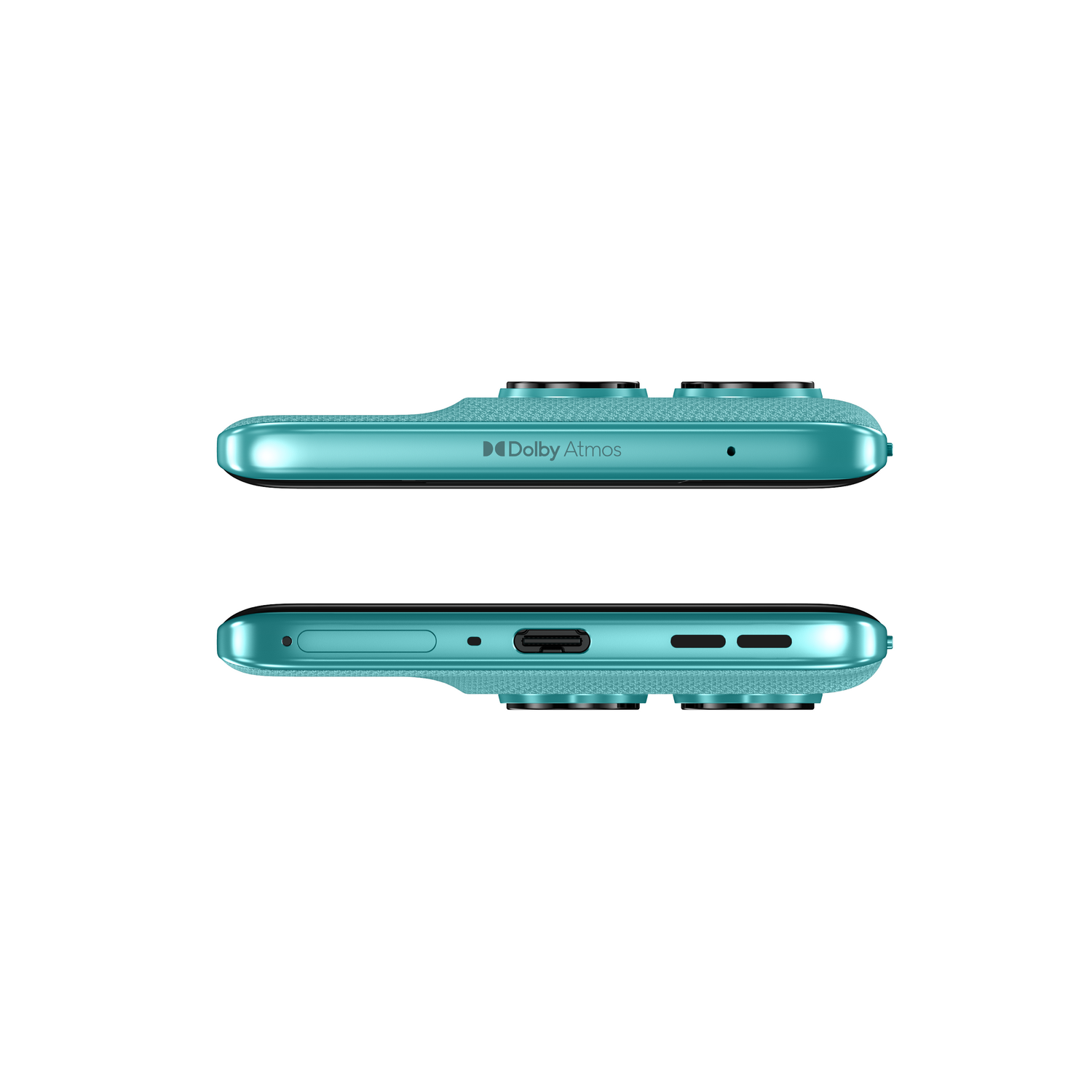 Vistas superior e inferior de un smartphone turquesa. Con Dolby Atmos y puerto USB-C.