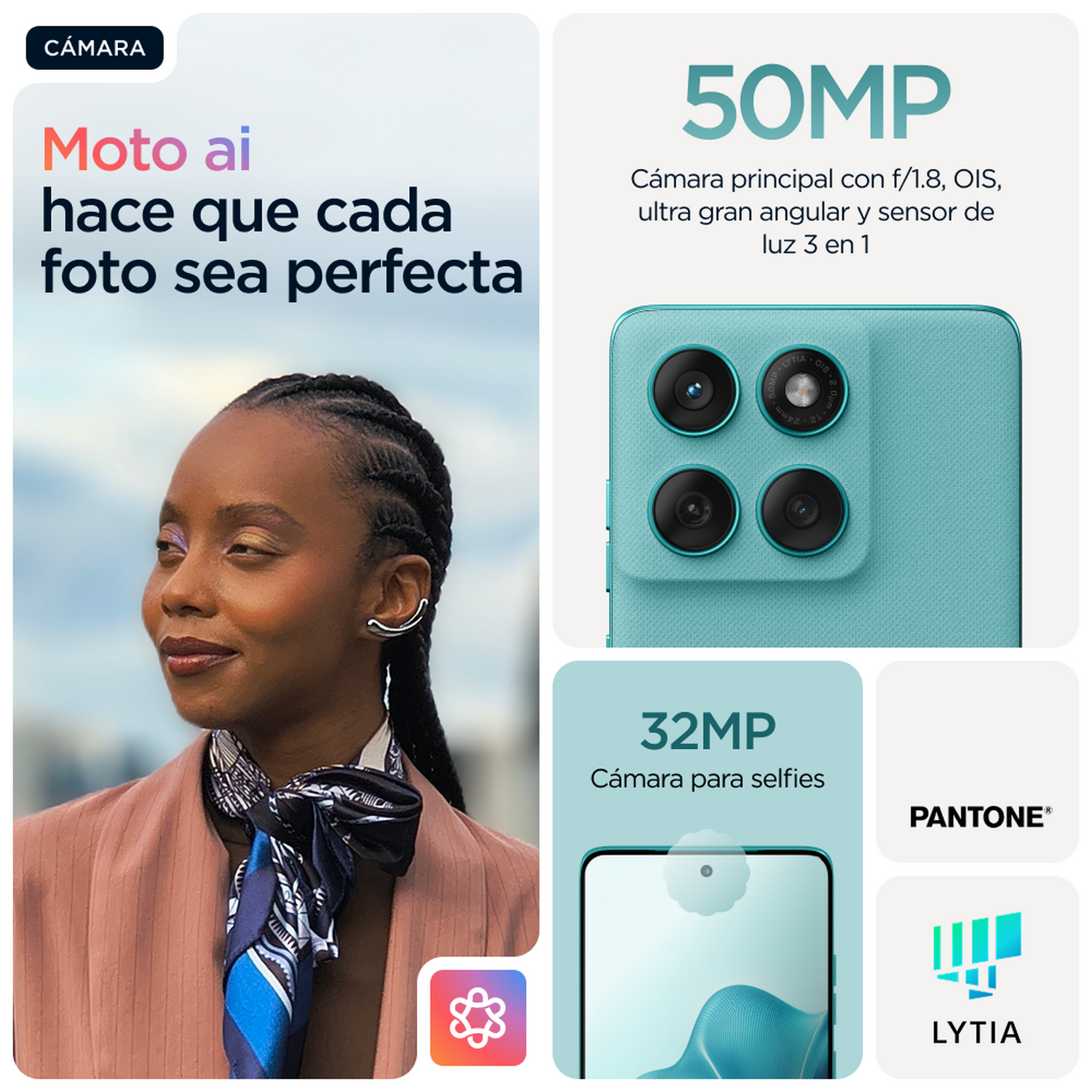 Mujer con teléfono turquesa. Texto: Moto ai hace que cada foto sea perfecta. Cámara 50MP y selfie 32MP.