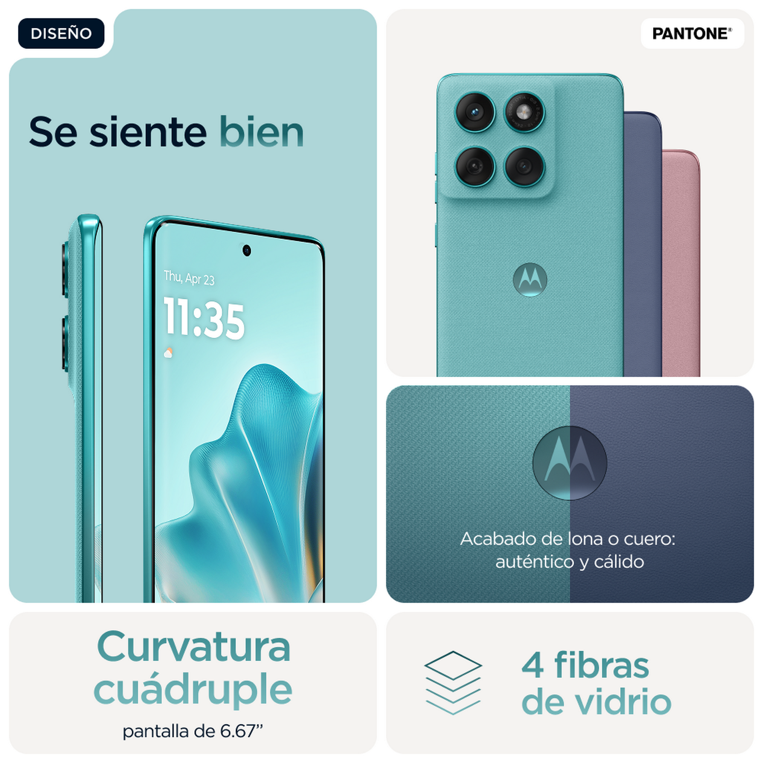 Un teléfono con pantalla. El texto en pantalla dice 'Thu, Apr 23, 11:35'. Se muestran otros teléfonos.