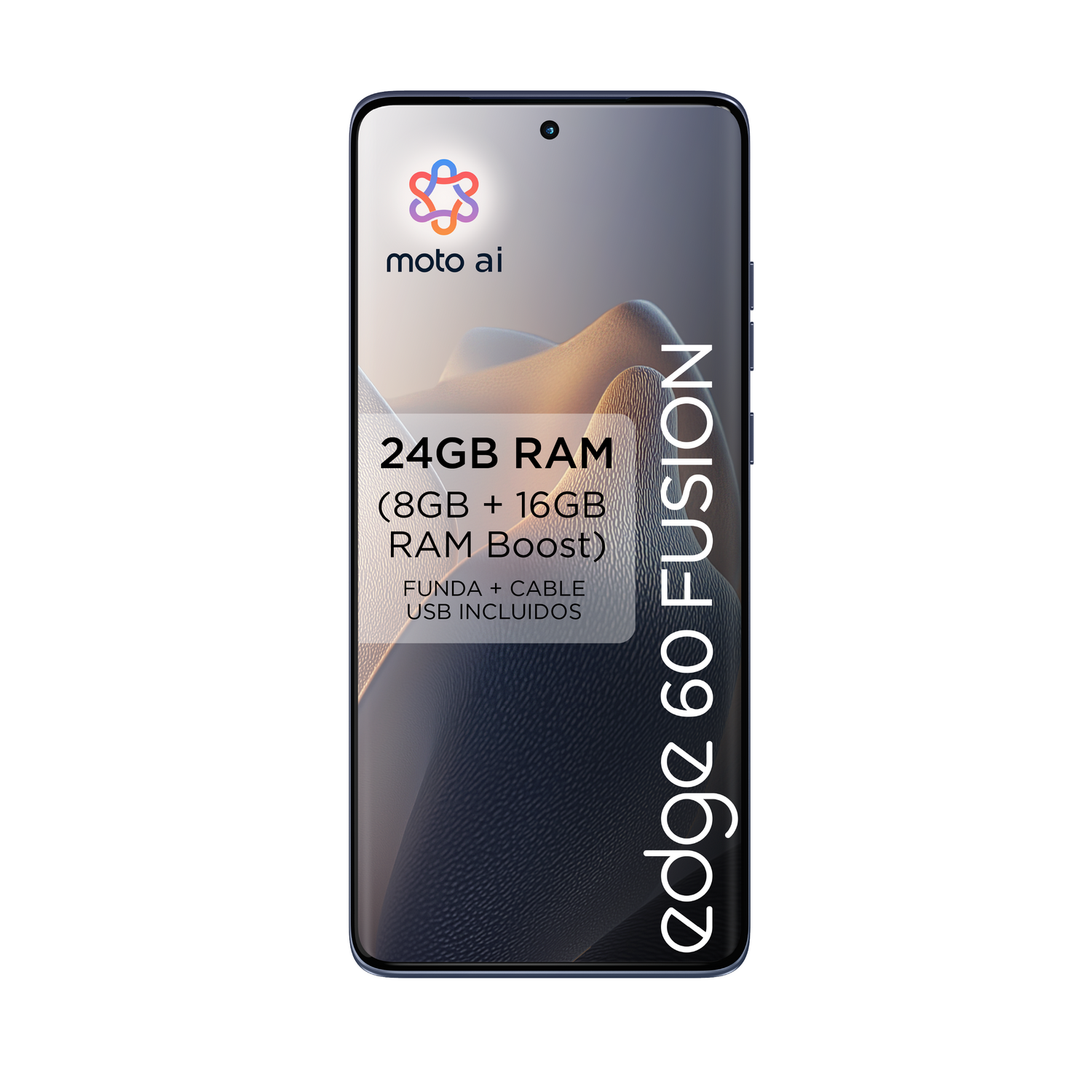 Un teléfono con 24 GB de RAM, fondo blanco.