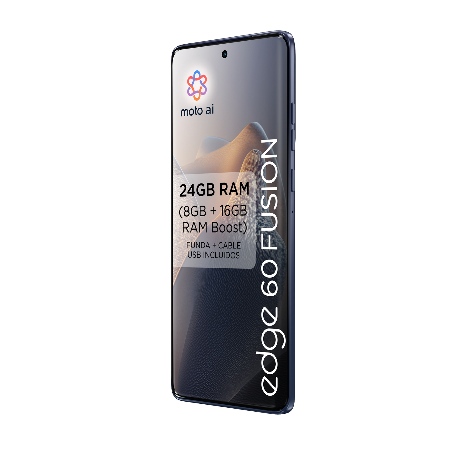Un smartphone azul con pantalla grande y texto: 24GB RAM, Edge 60 Fusion.