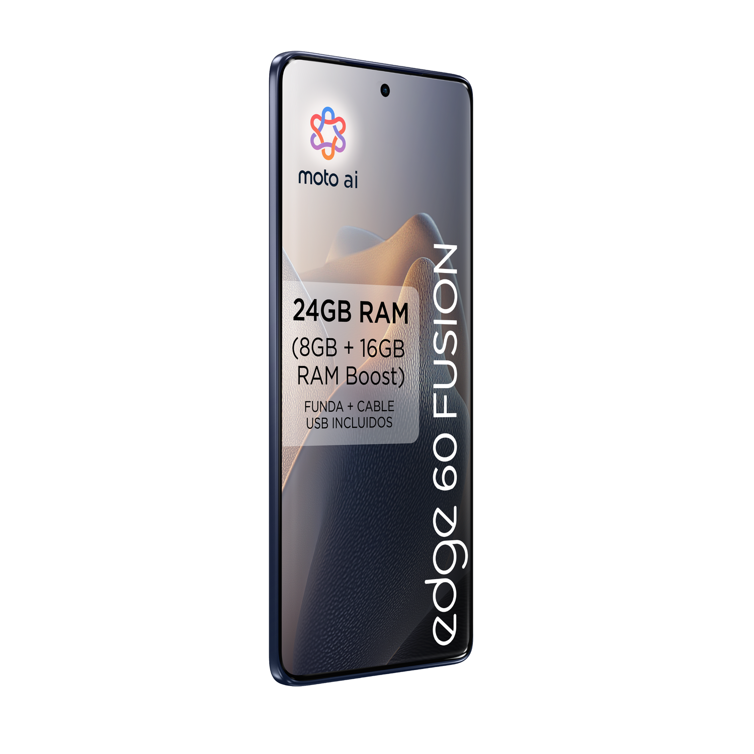 Smartphone con pantalla grande y texto "edge 60 fusion". La pantalla muestra texto.