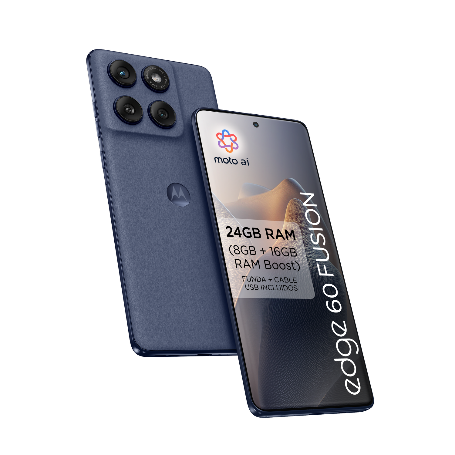 Un smartphone azul, mostrando su parte trasera y pantalla con el texto 'Edge 60 Fusion'.